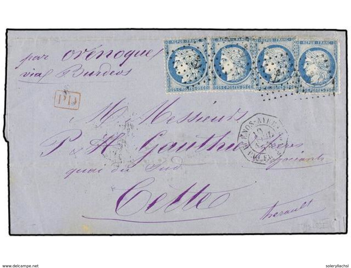 ARGELIA. 1875. BUENOS AYRES A FRANCIA. Circulada Con Cuatro Sellos De Francia De 25 Cts. Azul. Mat. ANCLA Y Fechador Oct - Altri & Non Classificati