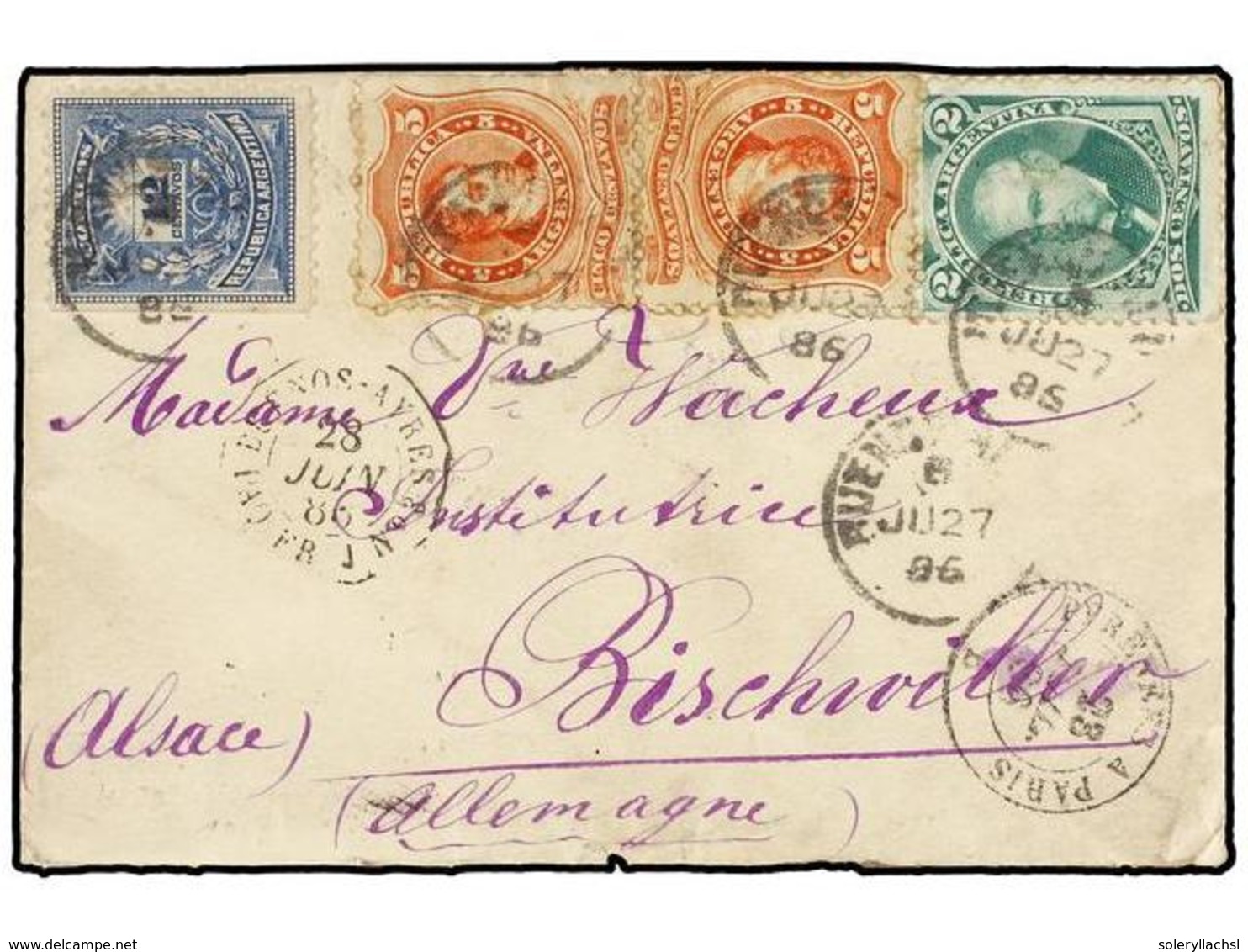 ARGENTINA. 1886. BUENOS AIRES A ALEMANIA. 2 Cts. Verde, 5 Cts. Rojo (2) Y 12 Cts. Azul Fechador Octogonal Marítimo Franc - Other & Unclassified