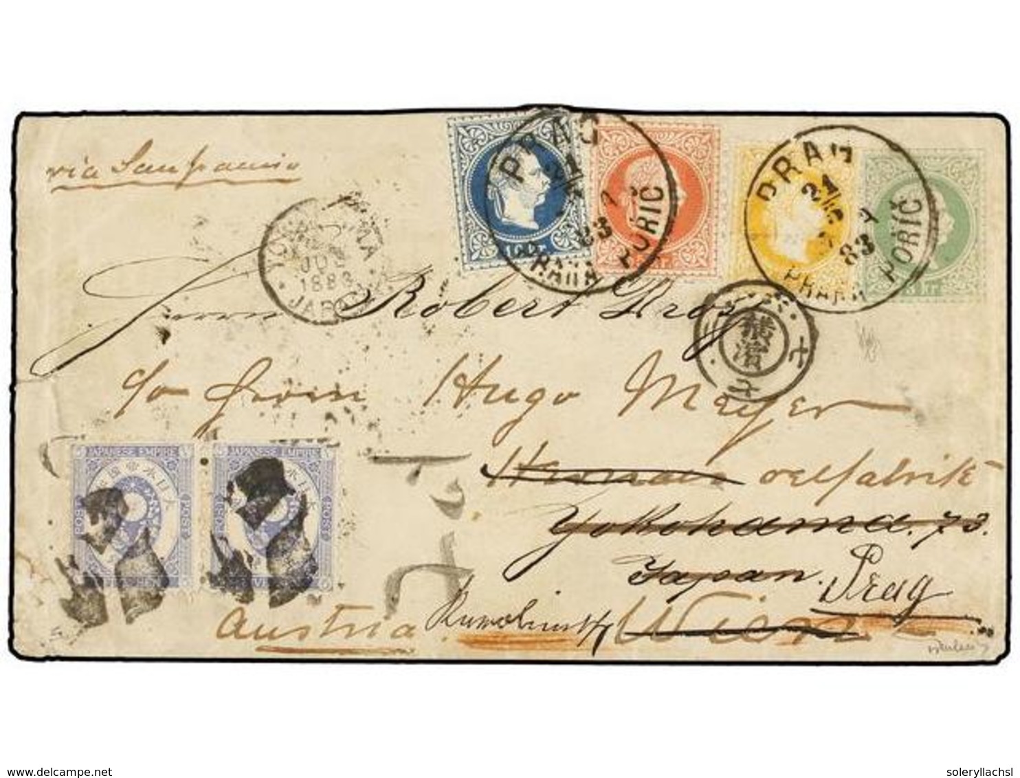 AUSTRIA. Sc.34, 36, 37. 1883 (May 21). The Outstanding And Famous Combination 3 Kr. Green Postal Envelope Plus 1874/80,  - Autres & Non Classés