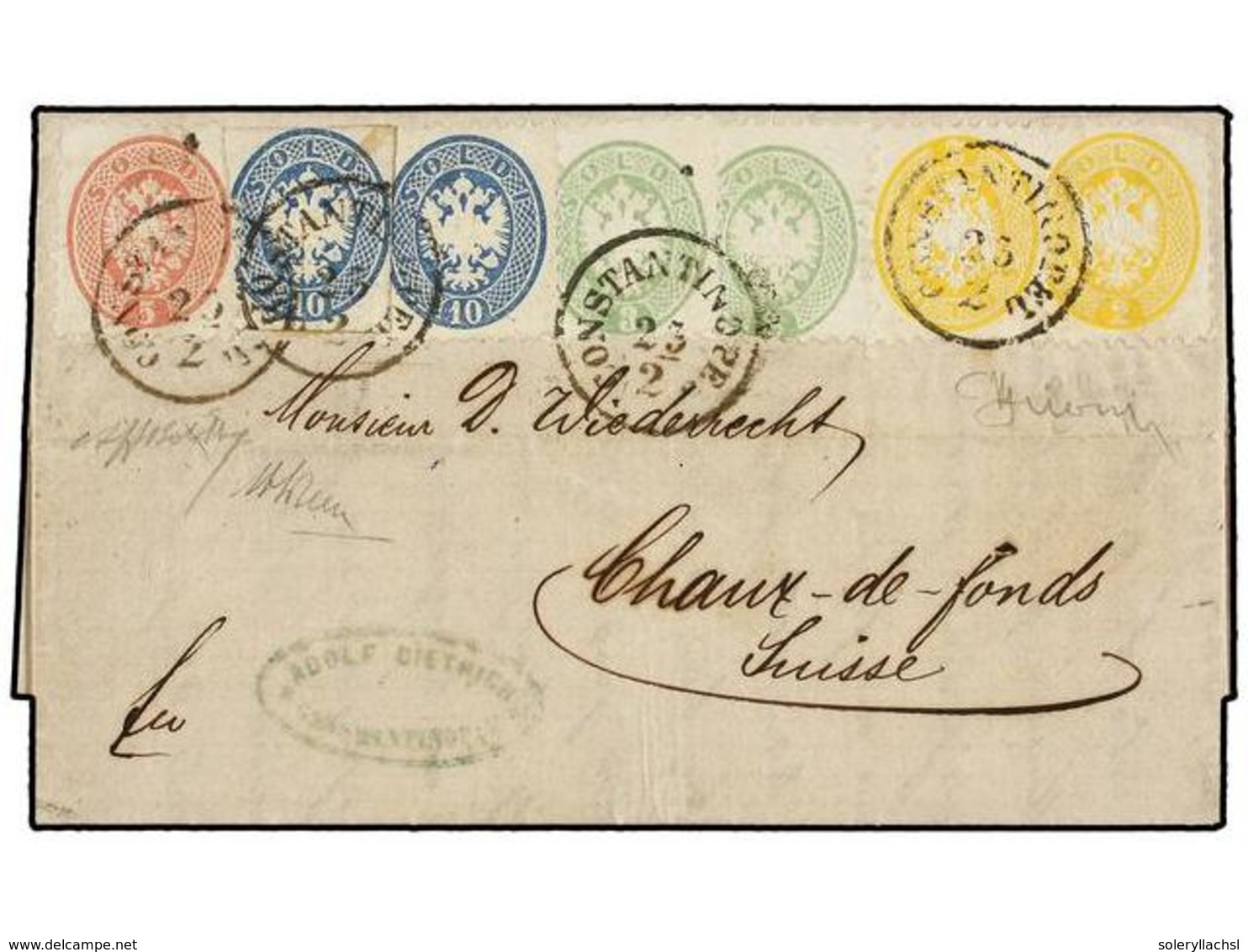 LEVANTE: CORREO AUSTRIACO. 1867. CONSTANTINOPLE To CHAUX-DE-FONDS (Switzerland). Entire Letter Bearing 1864 Perf. 9 1/2  - Altri & Non Classificati