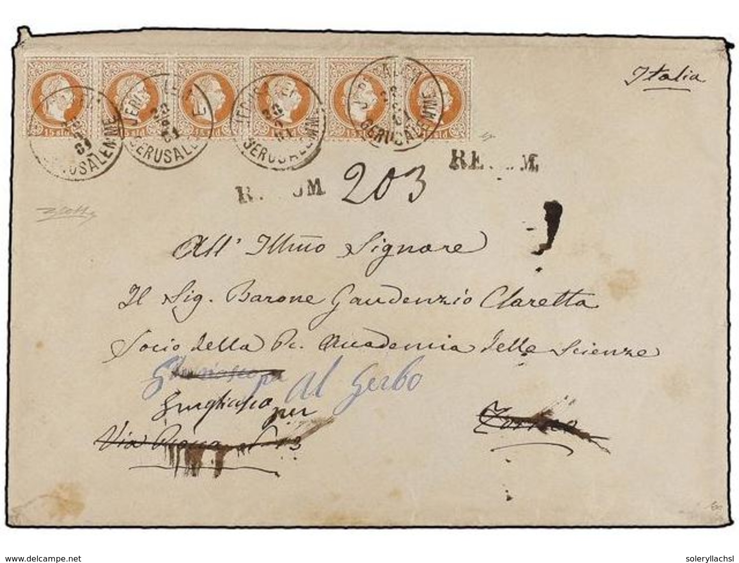 LEVANTE: CORREO AUSTRIACO. 1881. JERUSALEM To TORINO. Large Registered Cover Franked With 15 Sld. And Strip Of Five Of 1 - Autres & Non Classés