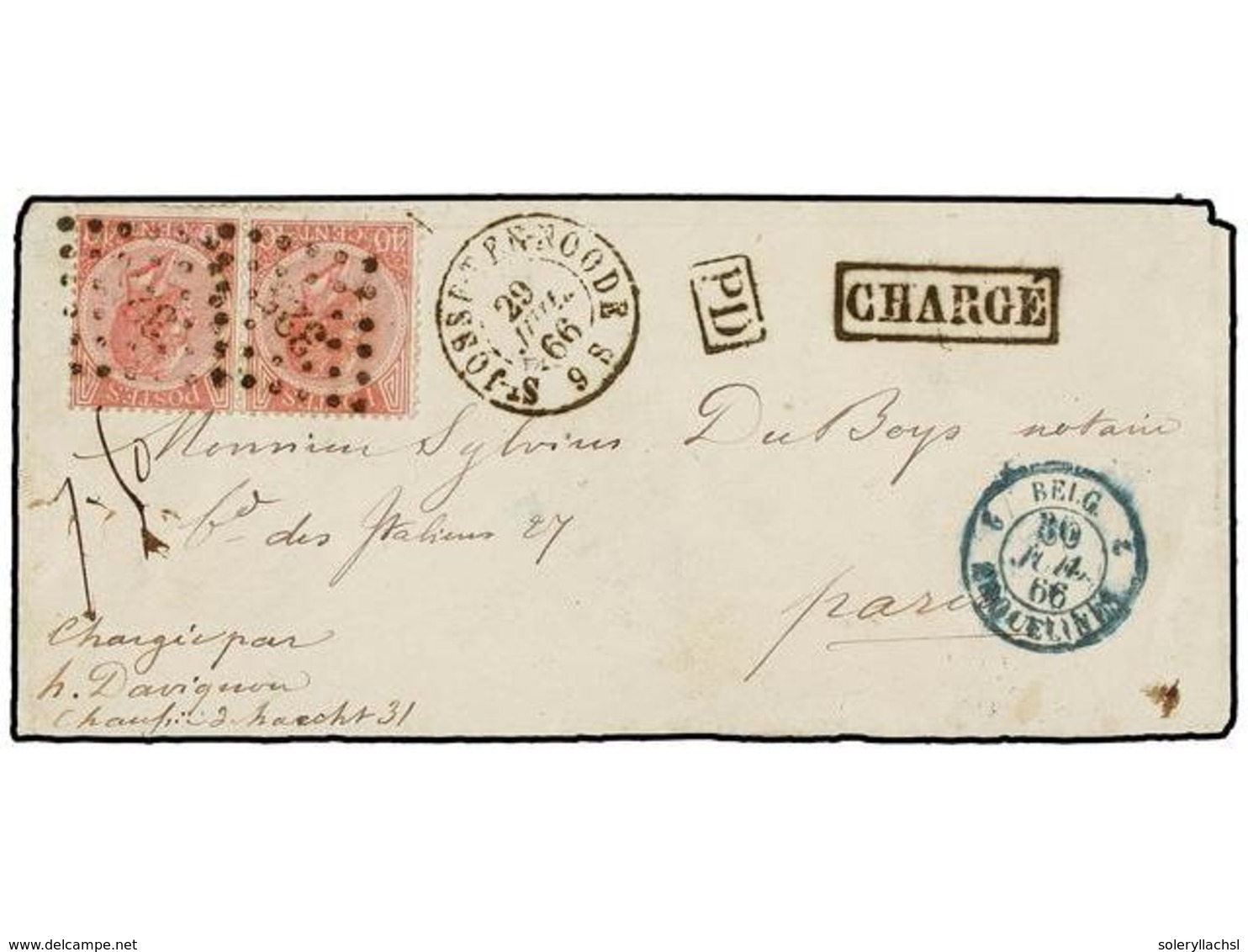 BELGICA. Of.20 (2). 1866. SAINT JOSSE-TEN-NOODE To FRANCE. Envelope Franked With Two 40 Cts. Rose, Tied By 325 Grill Can - Autres & Non Classés