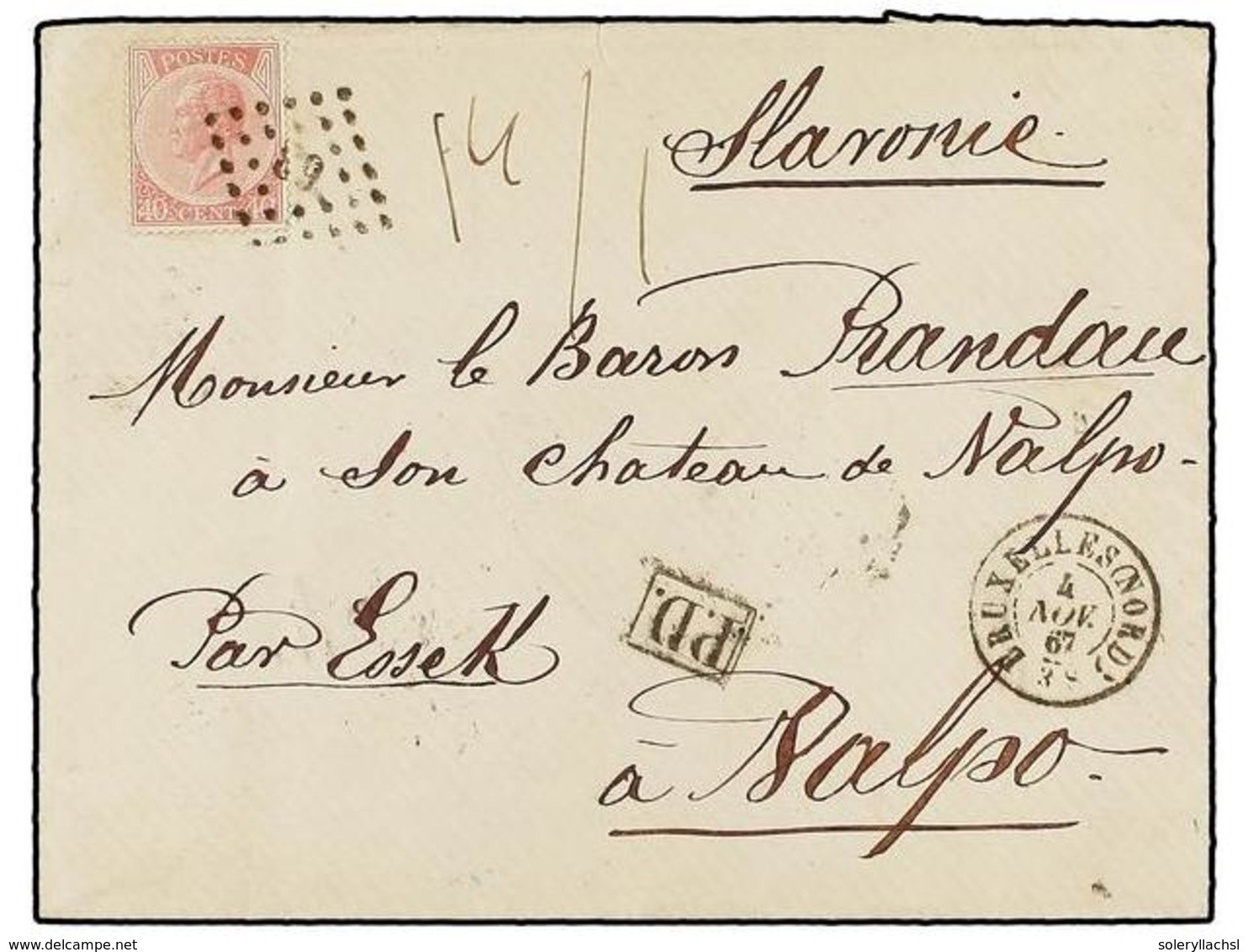 BELGICA. Of.20. 1867. BRUXELLES To VALPO (today Croatia). Envelope Franked With 40 Cts. Rose Stamp, Tied By 63 Grill Can - Autres & Non Classés