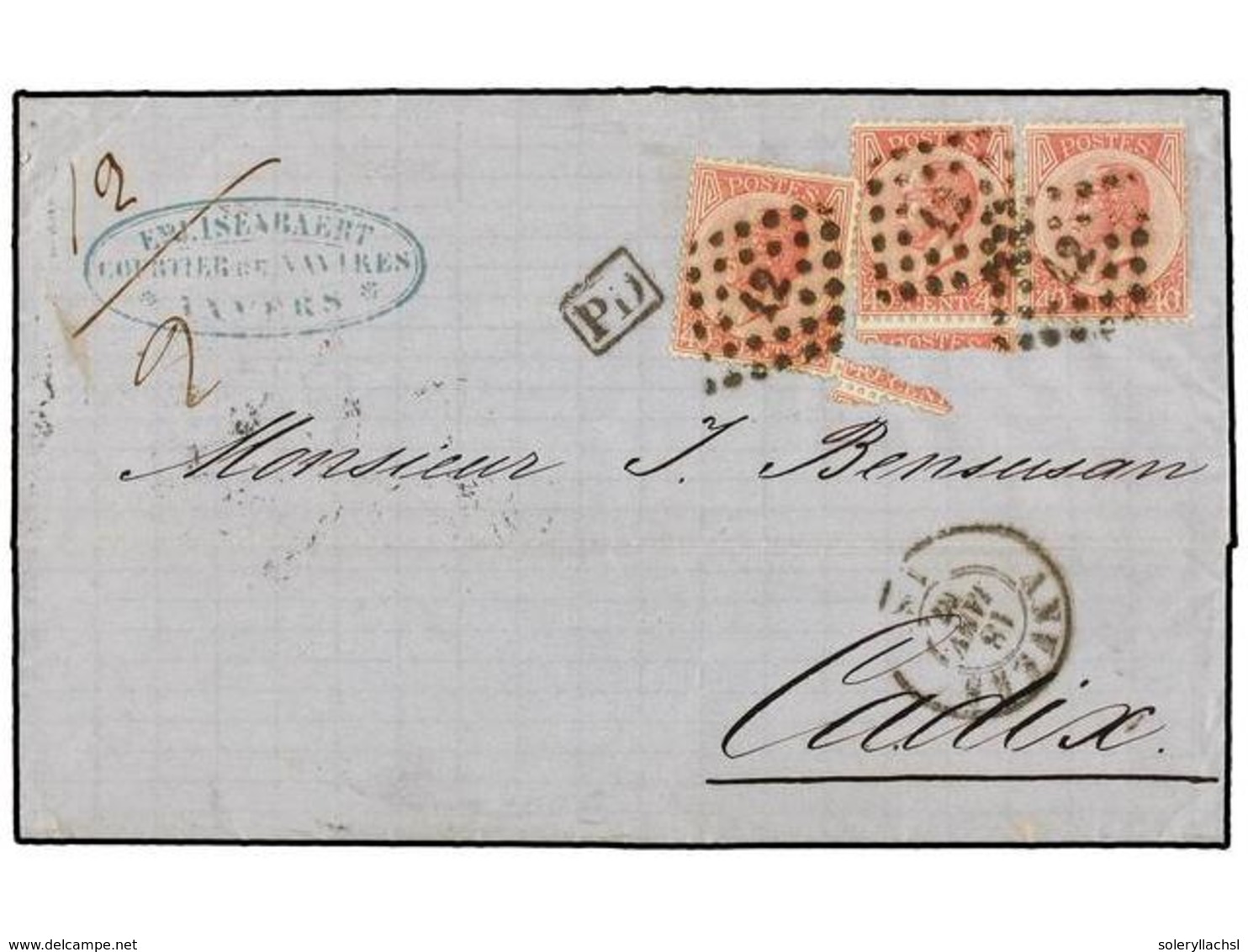 BELGICA. Of.20 (3). 1867. ANVERS To CADIZ. Entire Letter Franked With Three 40 Cts. Rose Stamps, Tied By 12 Grill Cancel - Other & Unclassified