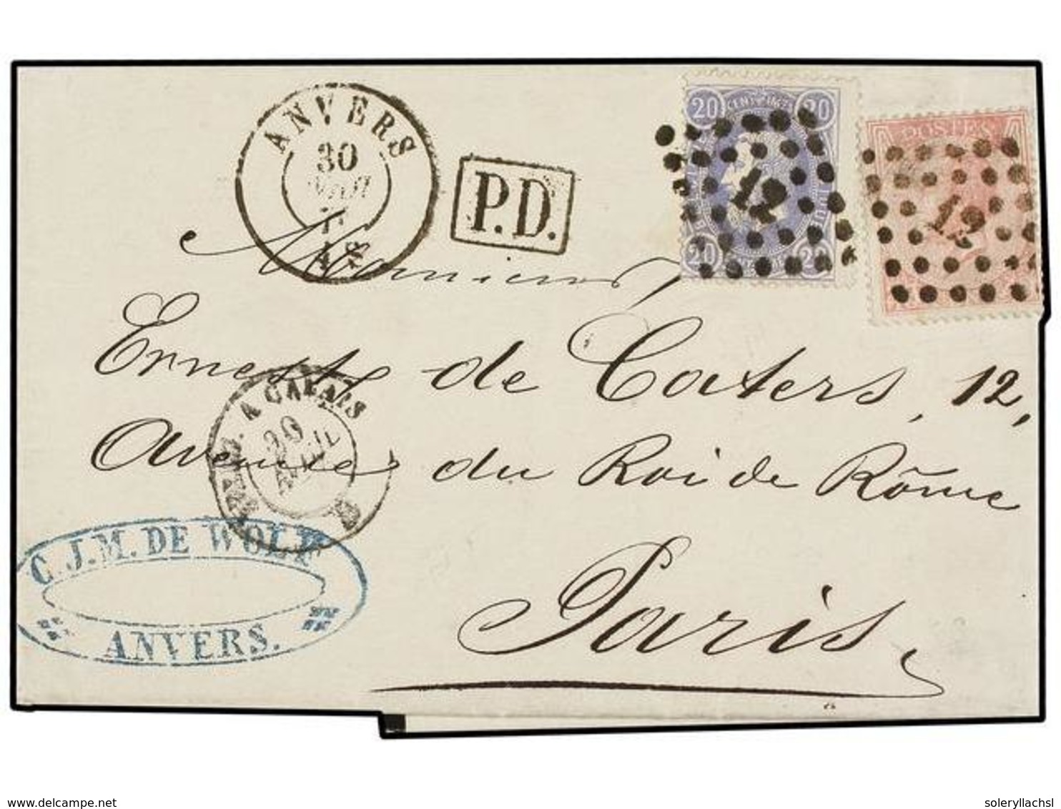 BELGICA. Of.20, 31. 1870. ANVERS To FRANCE. Entire Letter Franked With 20 Cts. Blue And 40 Cts. Rose, Tied By '12' Grill - Other & Unclassified