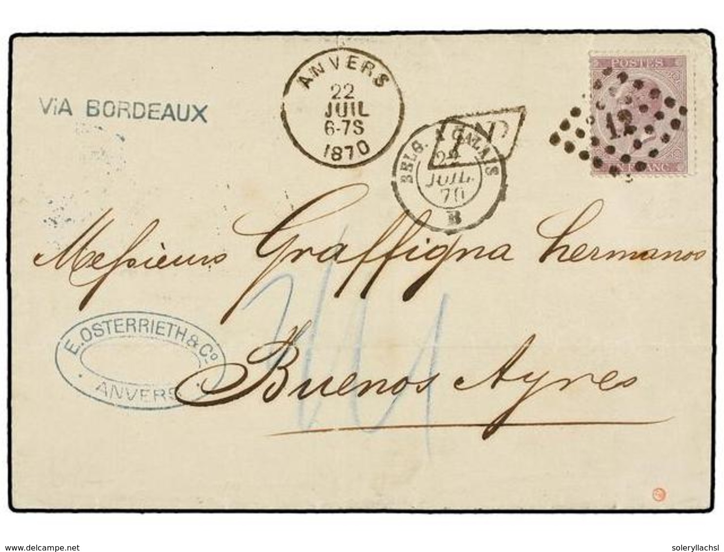 BELGICA. Of.21. 1870. ANVERS To BUENOS AIRES (Argentina). Folded Letter Franked With 1 Fr. Lilac Stamp, Tied By 12 Grill - Autres & Non Classés