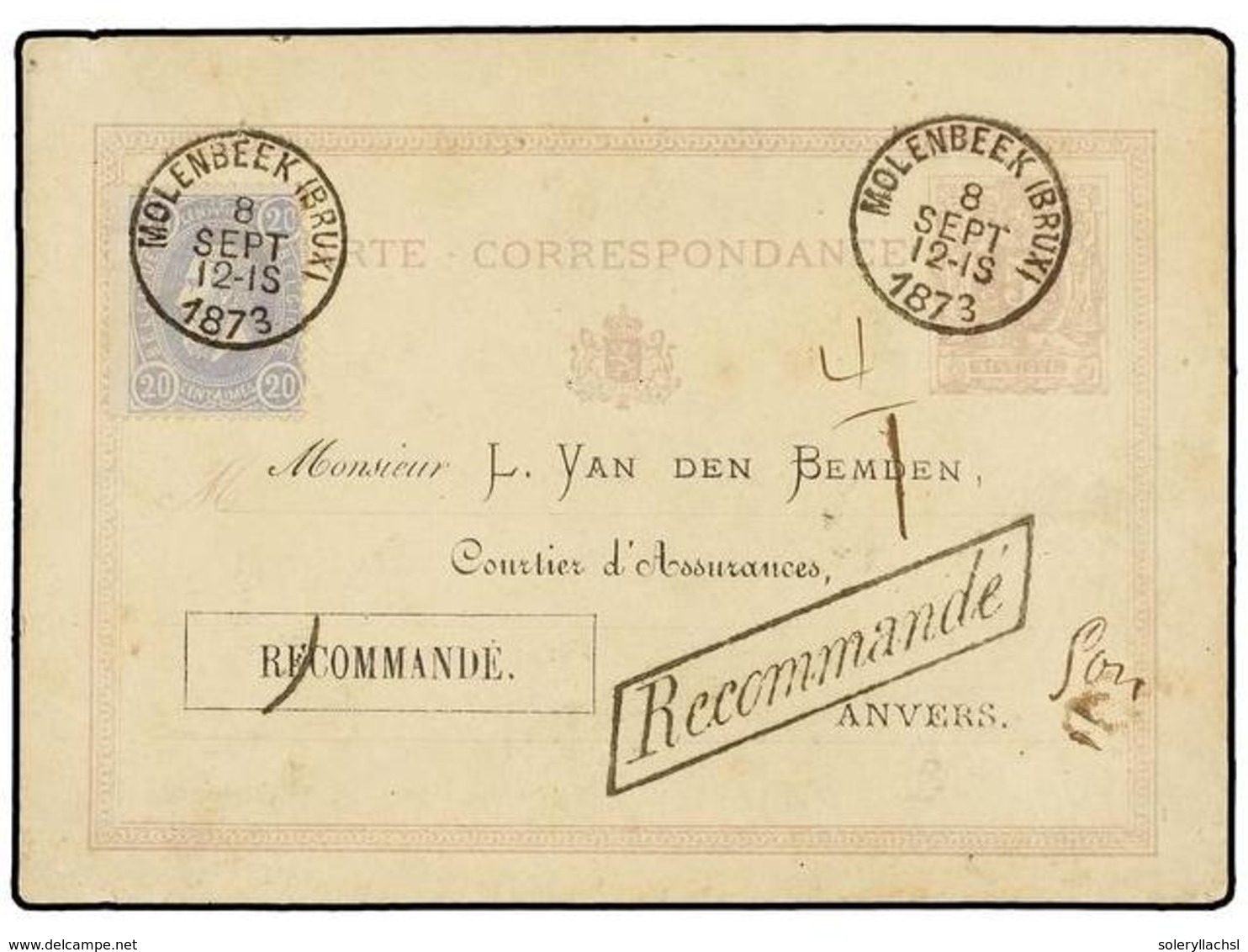 BELGICA. Of.31. 1873. MOLEMBEEK To ANVERS. 5 Cts. Lilac Postal Stationery Card Uprated With 20 Cts. Blue Stamp. RECOMMAN - Other & Unclassified