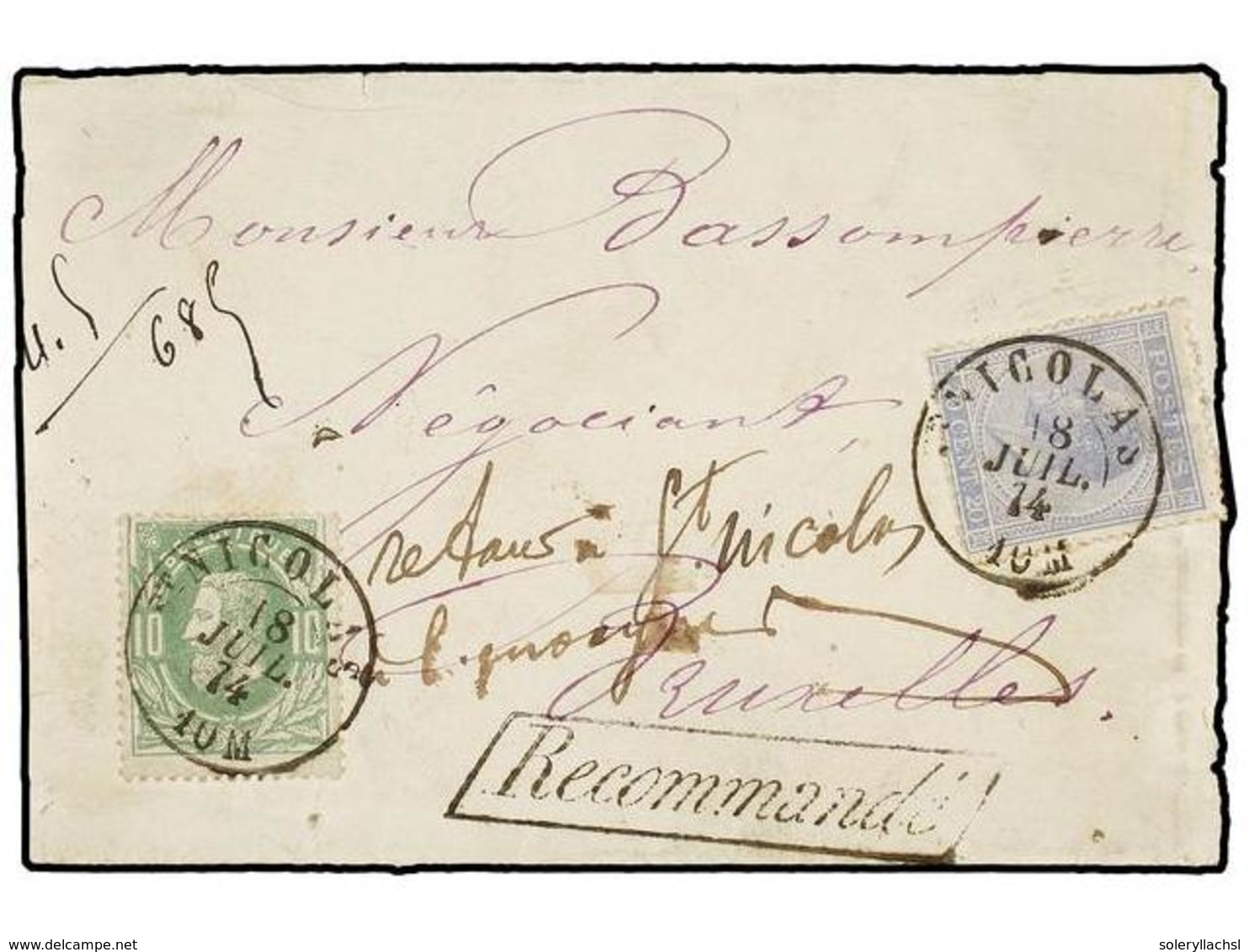 BELGICA. Of.18, 30. 1874. SAINT NICOLAS To BRUXELLES. Envelope Franked With 10 Cts. Green And 20 Cts. Blue, Tied By ST.  - Sonstige & Ohne Zuordnung