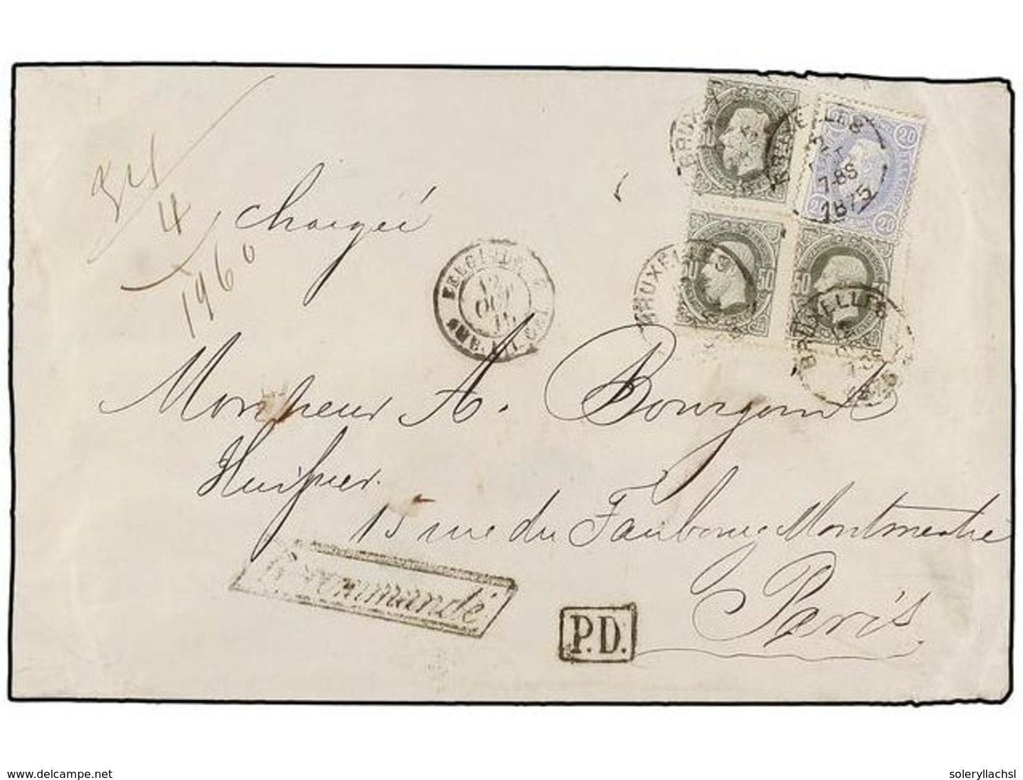 BELGICA. Of.31, 35 (3). 1875. BRUXELLES To FRANCE. Envelope Franked With 20 Cts. Blue And Three 50 Cts. Grey Stamps. REC - Other & Unclassified