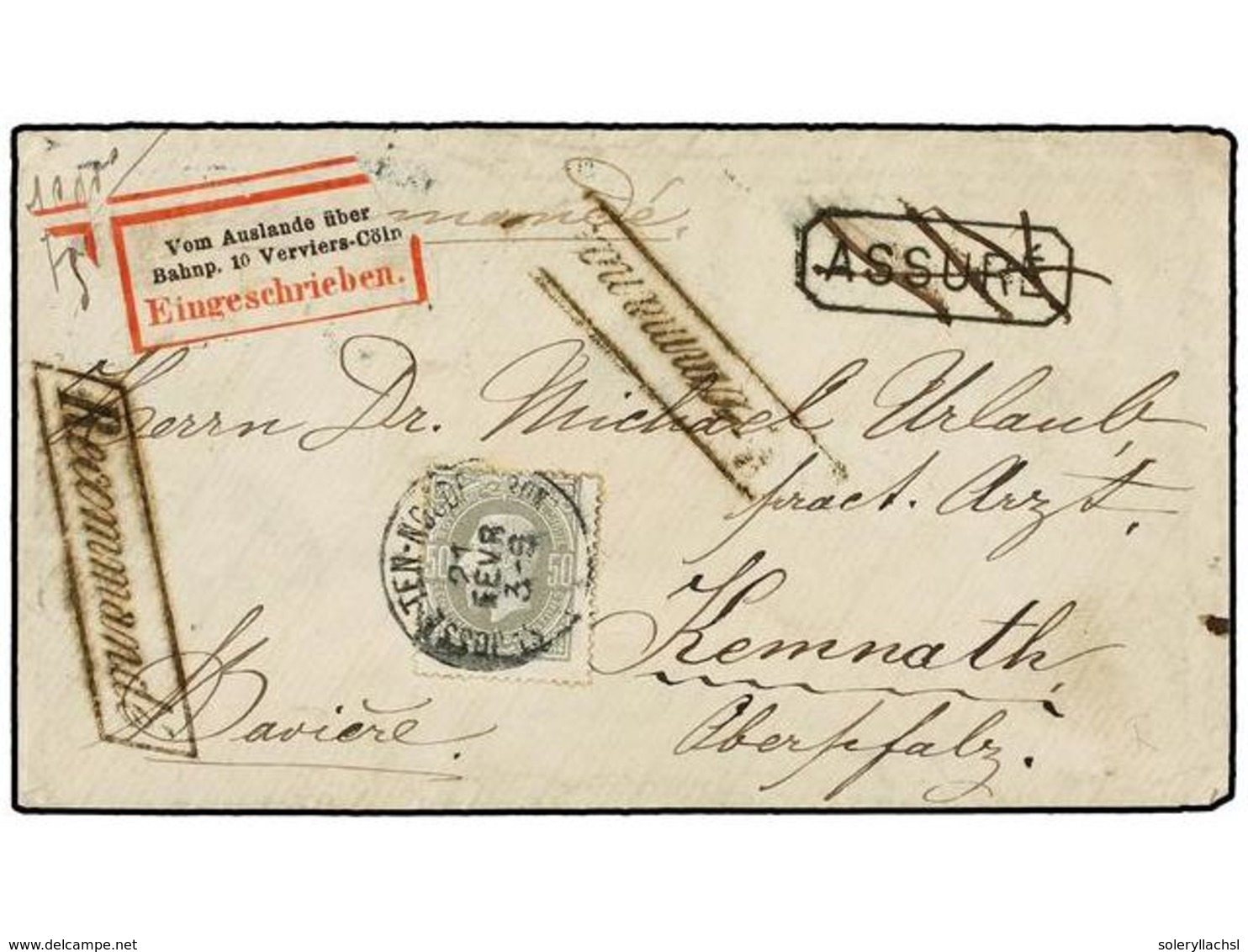 BELGICA. Of.35. 1881. SAINT JOSSE-TEN-NOODE To KEMNATH (Germany). Envelope Franked With 50 Cts. Grey Stamp. ASSURE Mark  - Sonstige & Ohne Zuordnung