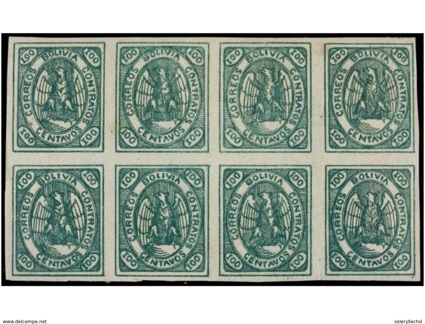 **/* BOLIVIA. Sc.8. 1867. 100 Ctvos. Verde. Bloque De Ocho, Color Muy Fresco Conservando Toda Su Goma Original. Muy Raro - Sonstige & Ohne Zuordnung