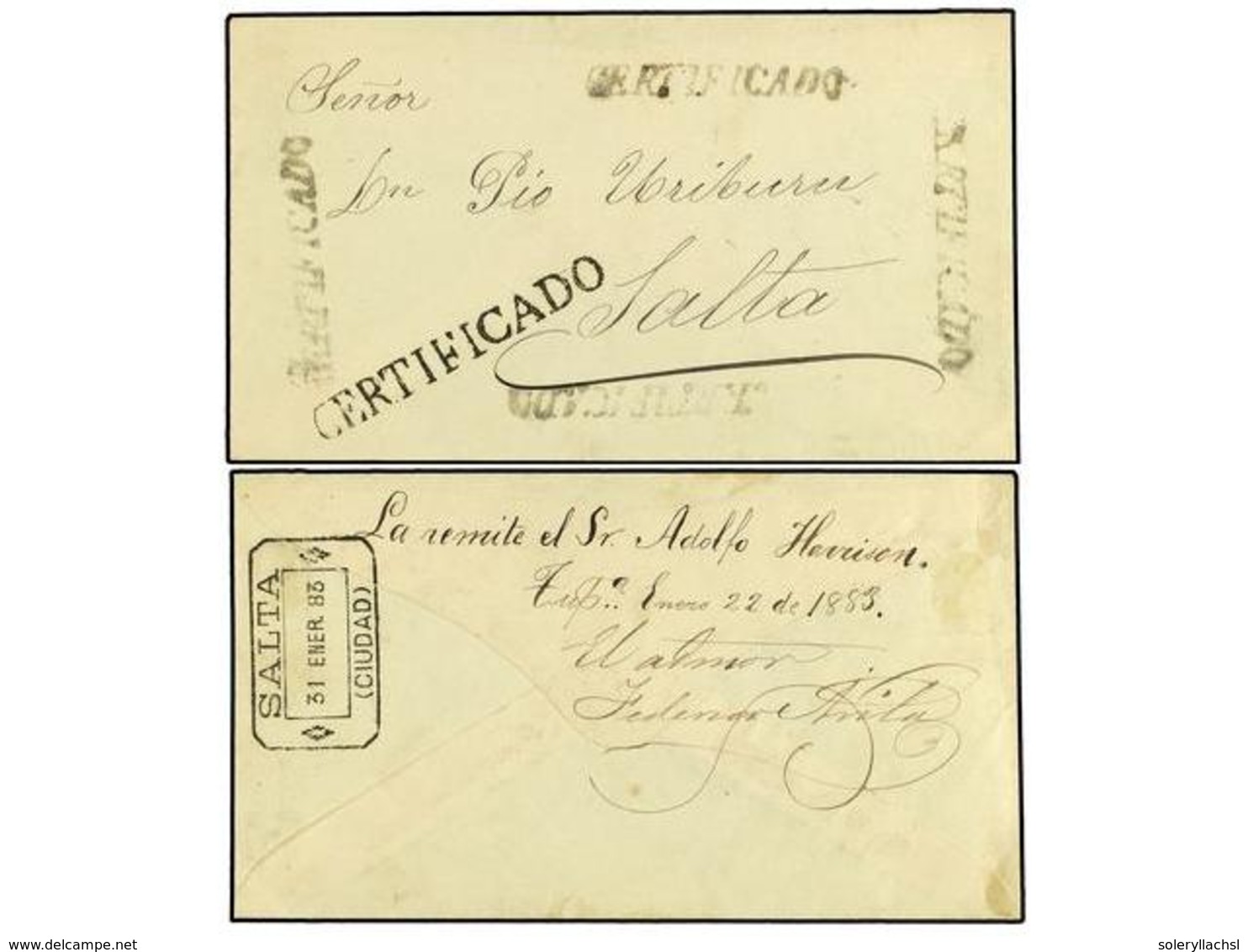 BOLIVIA. 1883 (22 Enero). TUPISA A SALTA (Argentina). Sobre Certificado Con Cuatro Marcas CERTIFICADO Lineal En Color Ve - Otros & Sin Clasificación