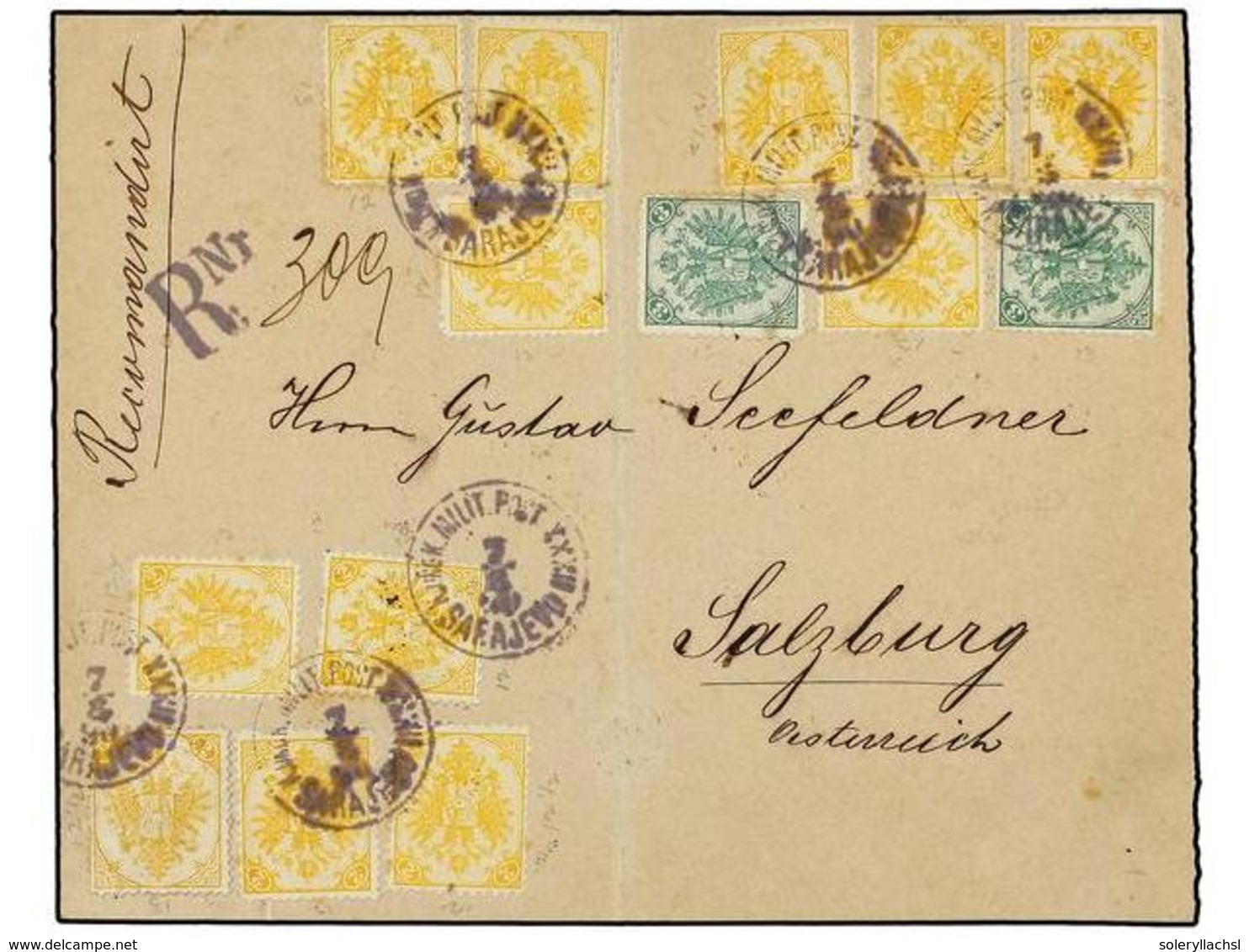 BOSNIA-HERZEGOVINA. Mi.2,3. 1890 (Aug 7). Registered Cover To SALZBURG Franked By 1879/98 2kr. Yellow (12, Some With Com - Other & Unclassified