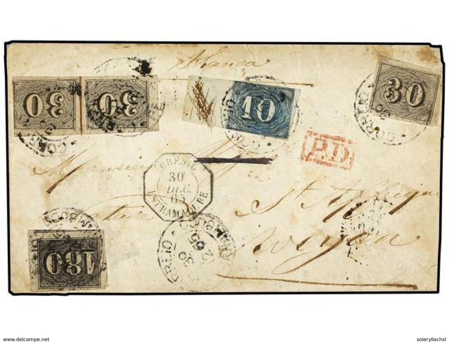 BRASIL. Sc.23+26+37. 1865 (Dec 30). Cover From PERNAMBUCO To FRANCE With Unusual 280 Reis Franking Of 1850 30 R. Black ( - Sonstige & Ohne Zuordnung