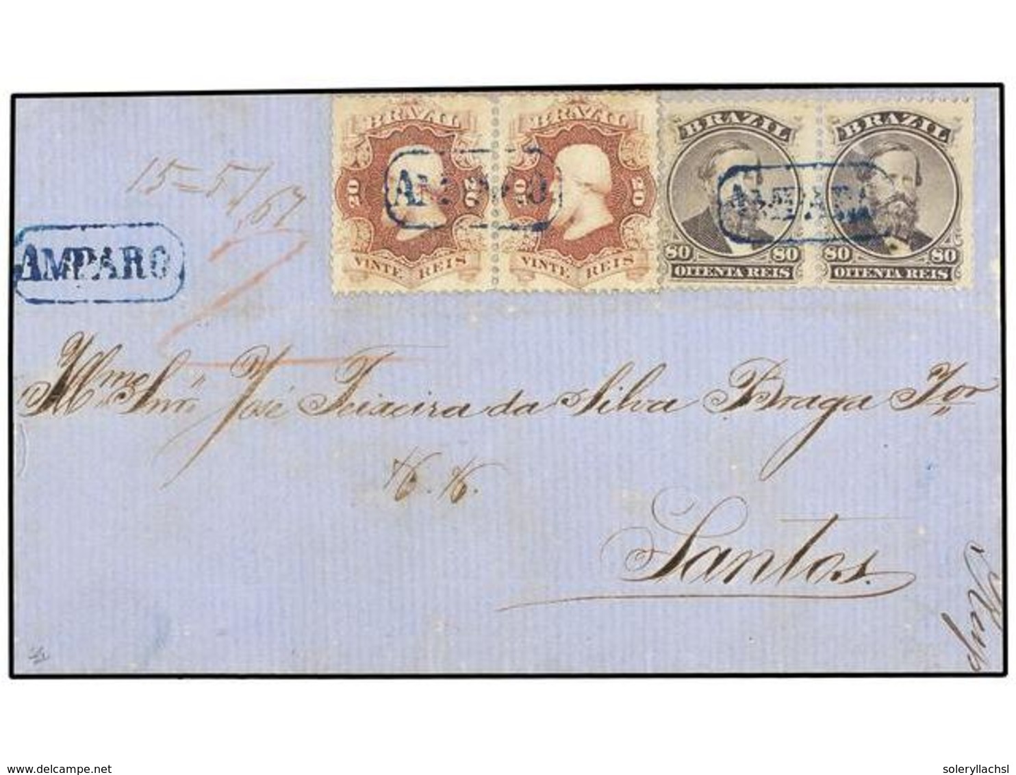 BRASIL. Sc.54 (2), 57 (2). 1866. AMPARO A SANTOS. 20 Reis Lila Rojo (2) Y 80 Reis Violeta (2), Mat. En Un óvalo AMPARO E - Altri & Non Classificati