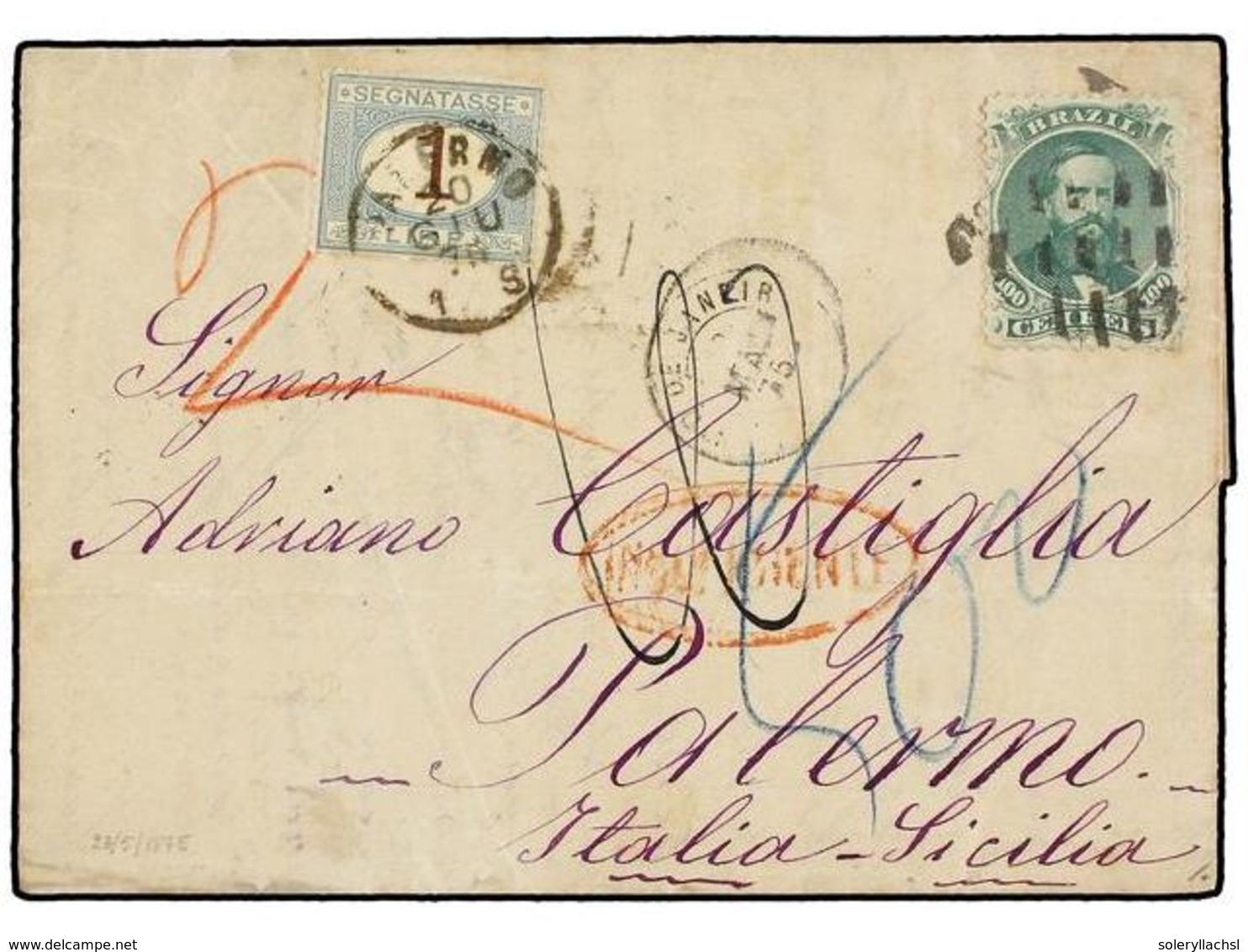 BRASIL. Sc.58. 1875. RIO DE JANEIRO A PALERMO. 100 Reis Verde, Marca INSUFICIENTE Tasada A La Llegada Con Sello Italiano - Andere & Zonder Classificatie