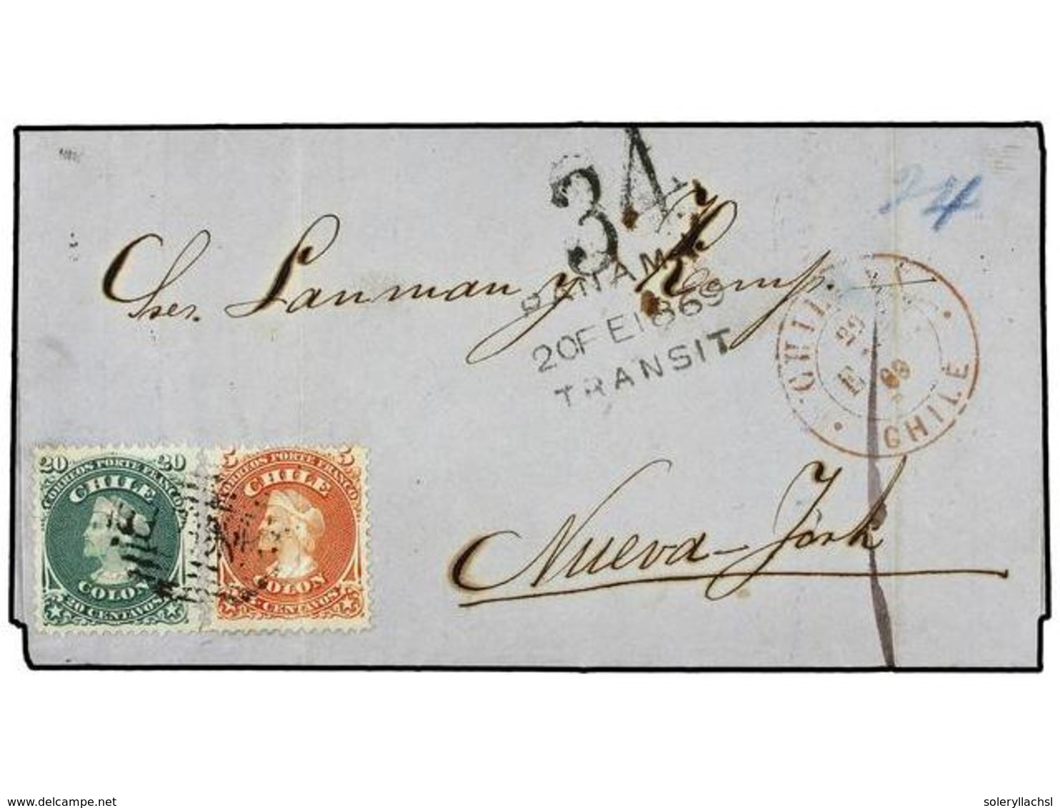 CHILE. Sc.17, 19. 1869. CHILLAN A NEW YORK. 5 Ctvos. Naranja Y 20 Ctvos. Verde Circulada Via Panama, Tasada A La Llegada - Altri & Non Classificati