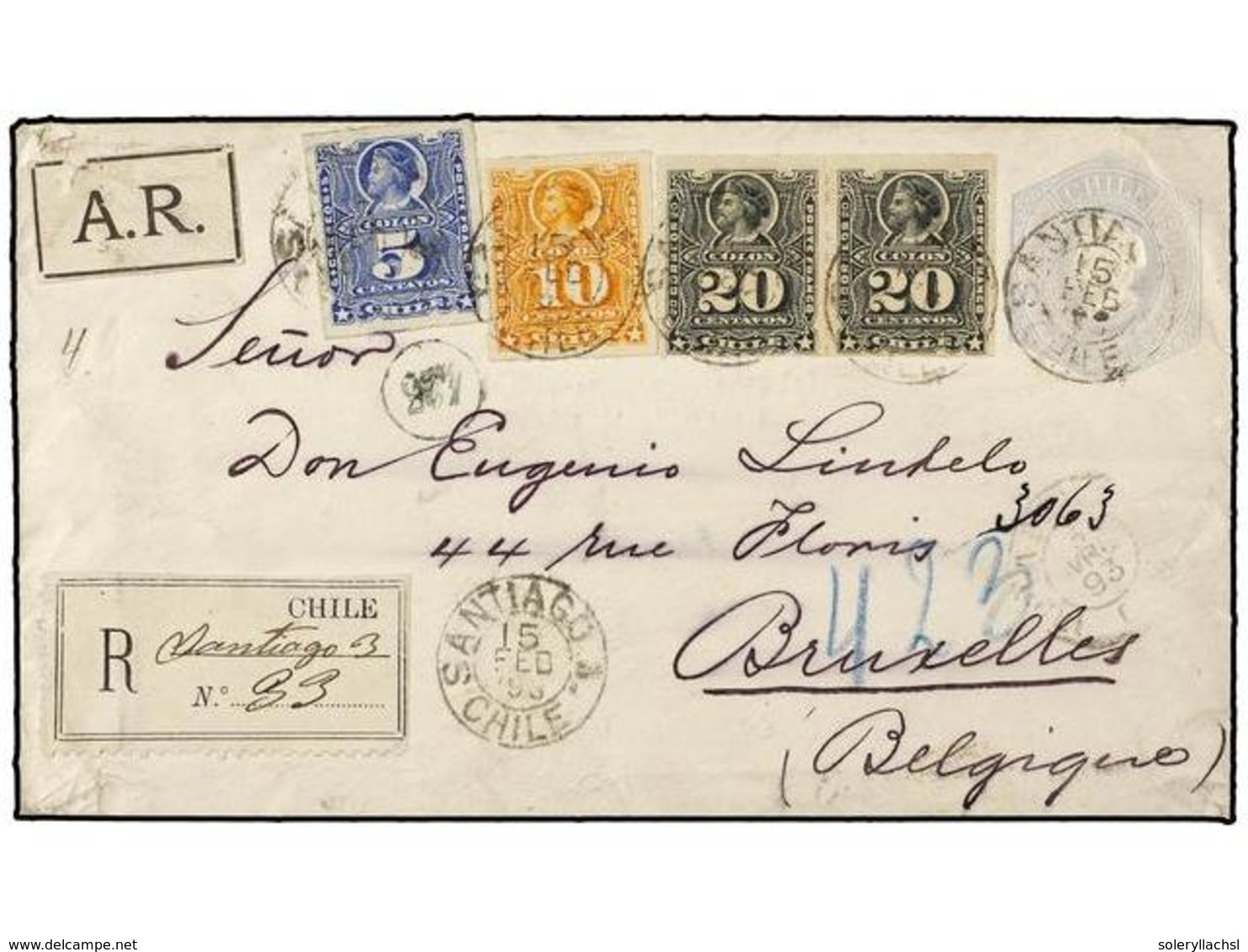 CHILE. Sc.28, 29, 31 (2). 1893. SANTIAGO A BRUSELAS (Bélgica). Entero Postal De 10 Ctvos. Gris Con Franqueo Adicional De - Andere & Zonder Classificatie