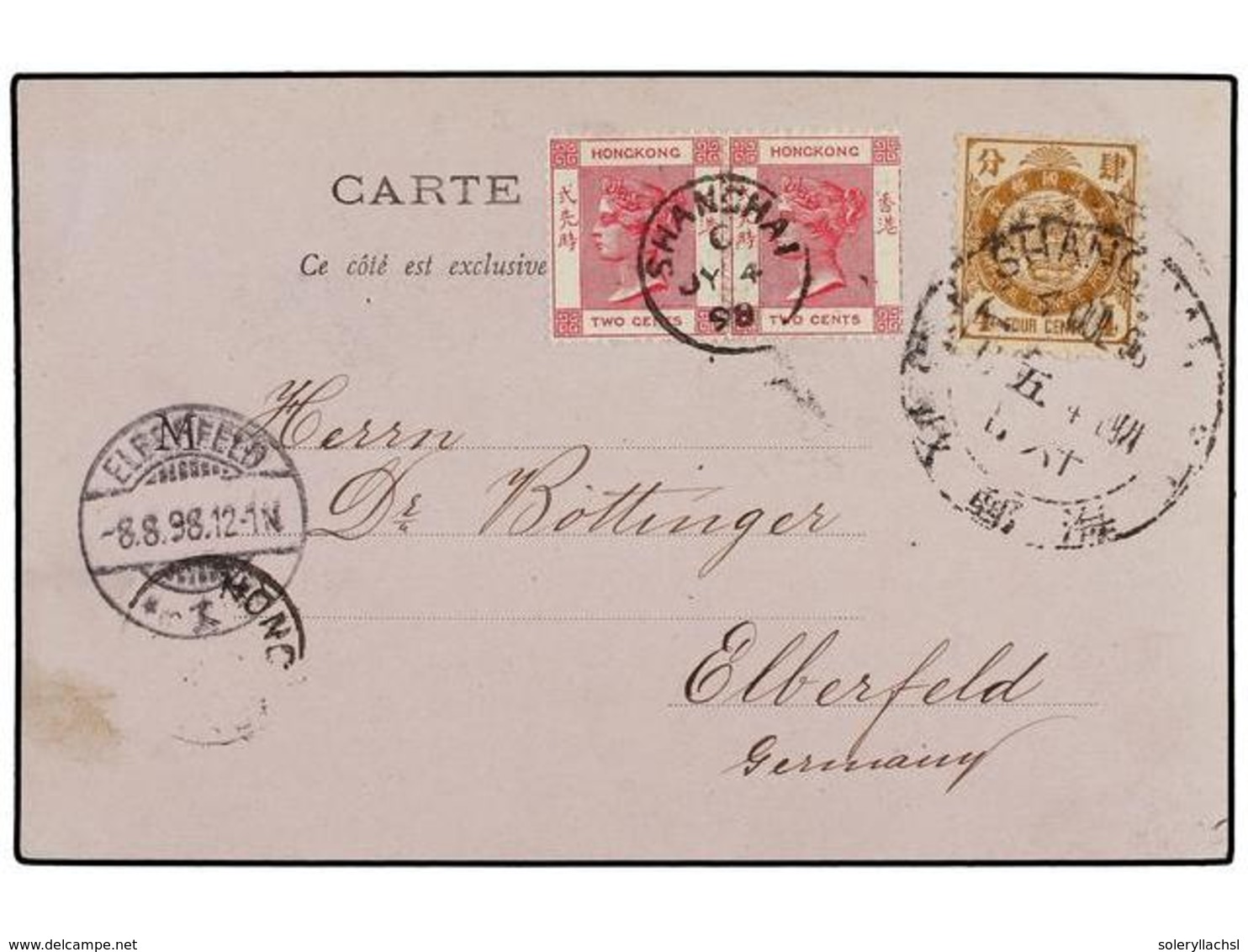 CHINA. 1898. SHANGHAI To GERMANY. Postcard Franked With China 4 Cent. Ocre And Hong Kong 2 Cts. Red (2). - Andere & Zonder Classificatie