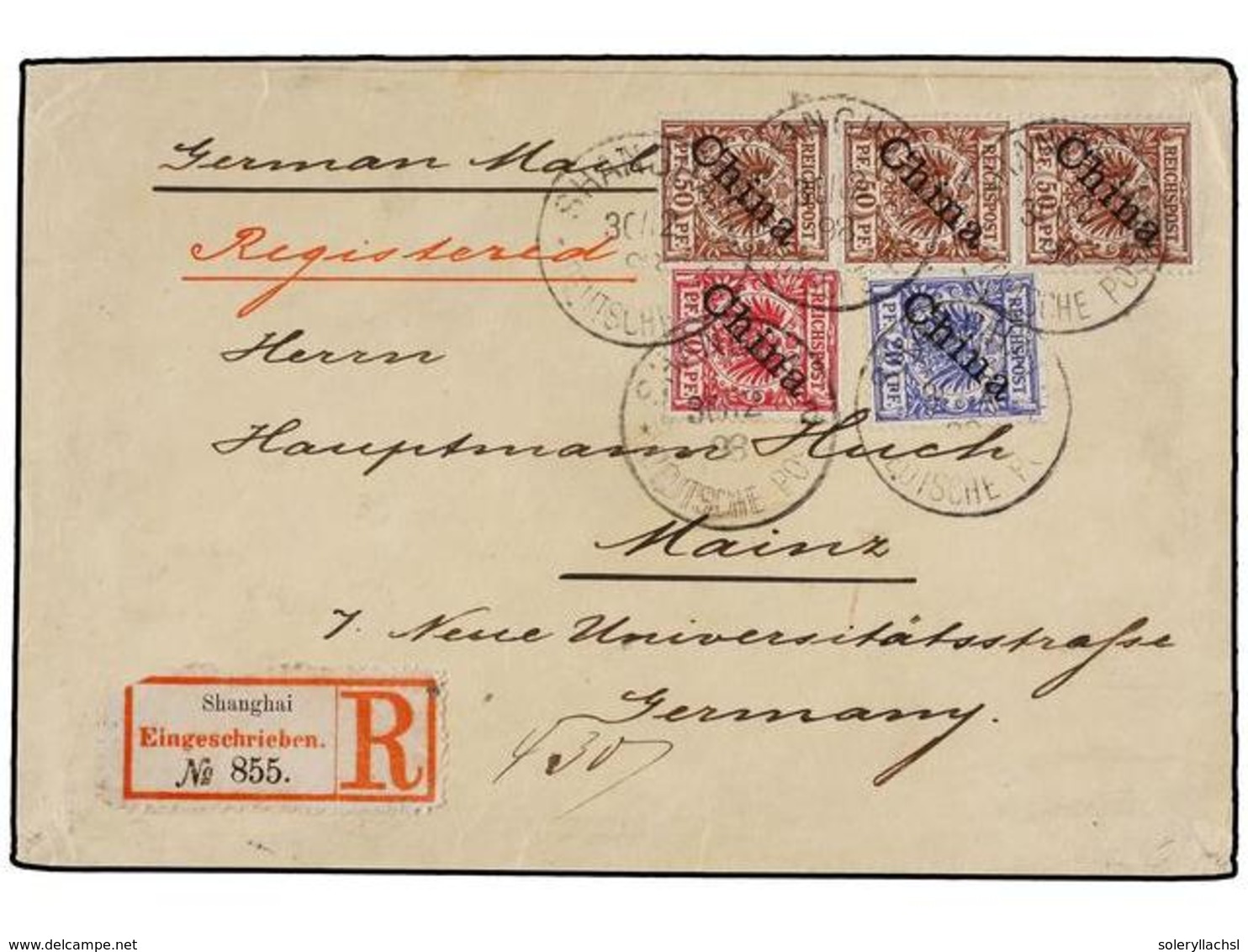 CHINA. 1898. SHANGHAI To GERMANY. Registered Cover Franked With German 10 Pf., 20 Pf. And 50 Pf. (3), Tied SHANGHAI/DEUT - Andere & Zonder Classificatie