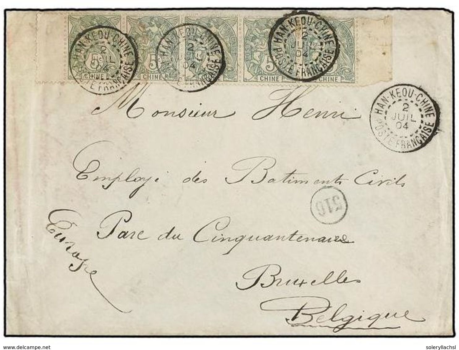 CHINA. 1904. HAN-KEOV A BÉLGICA. Circulada Con Sellos Franceses De 5 Cts. Verde (tira De Cinco) Mat. HAN-KEOU-CHINE/POST - Andere & Zonder Classificatie