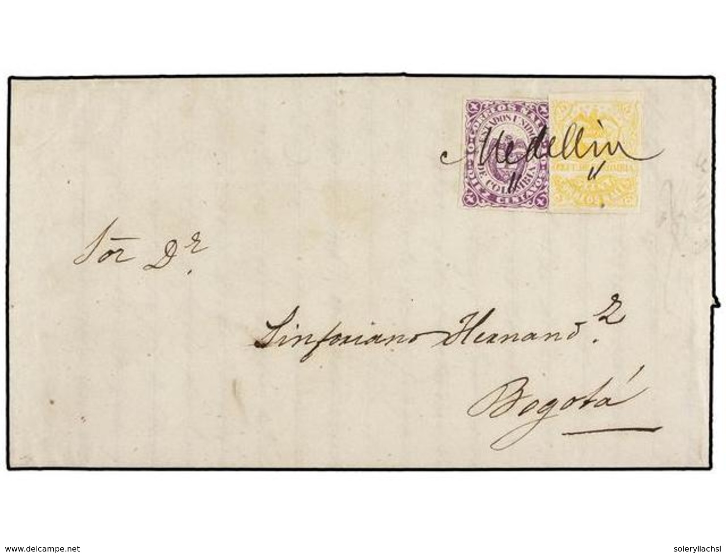 COLOMBIA. Sc.54a, 62a. 1868. MEDELLÍN A BOGOTÁ. 5 Cts. Amarillo Y 10 Cts. Lila, Mat. Manuscrito MEDELLIN, Insignificante - Sonstige & Ohne Zuordnung