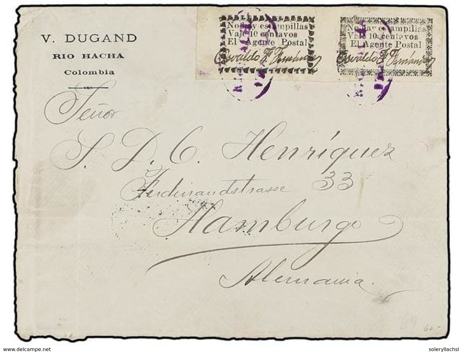 COLOMBIA. Yv.RH 3A+3B. 1902. PROVISIONAL DE RIO HACHA. RIO HACHA A ALEMANIA. Sobre Comercial De V. Dugand Circulado Con  - Sonstige & Ohne Zuordnung