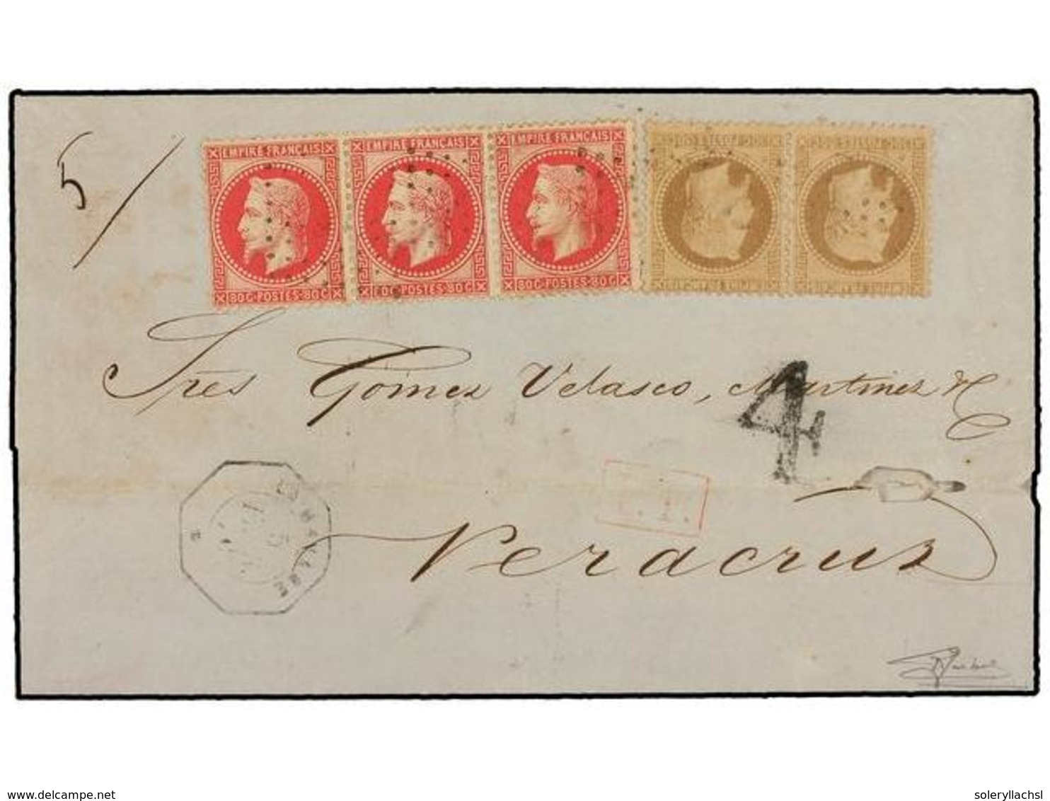 CUBA. 1870. LA HABANA A VERACRUZ. Envuelta Franqueada Con Sellos Franceses De 30 Cts. Castaño (2) Y Tira De Tres Del 80  - Sonstige & Ohne Zuordnung