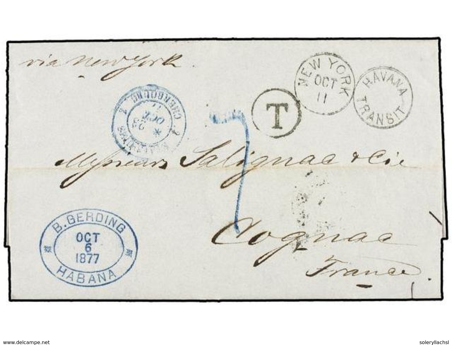 CUBA. 1877. HABANA A FRANCIA. Carta Completa Enviada Sin Franqueo Y Tasada Con '7' Décimas. Marca De Tránsito NEW YORK/H - Autres & Non Classés