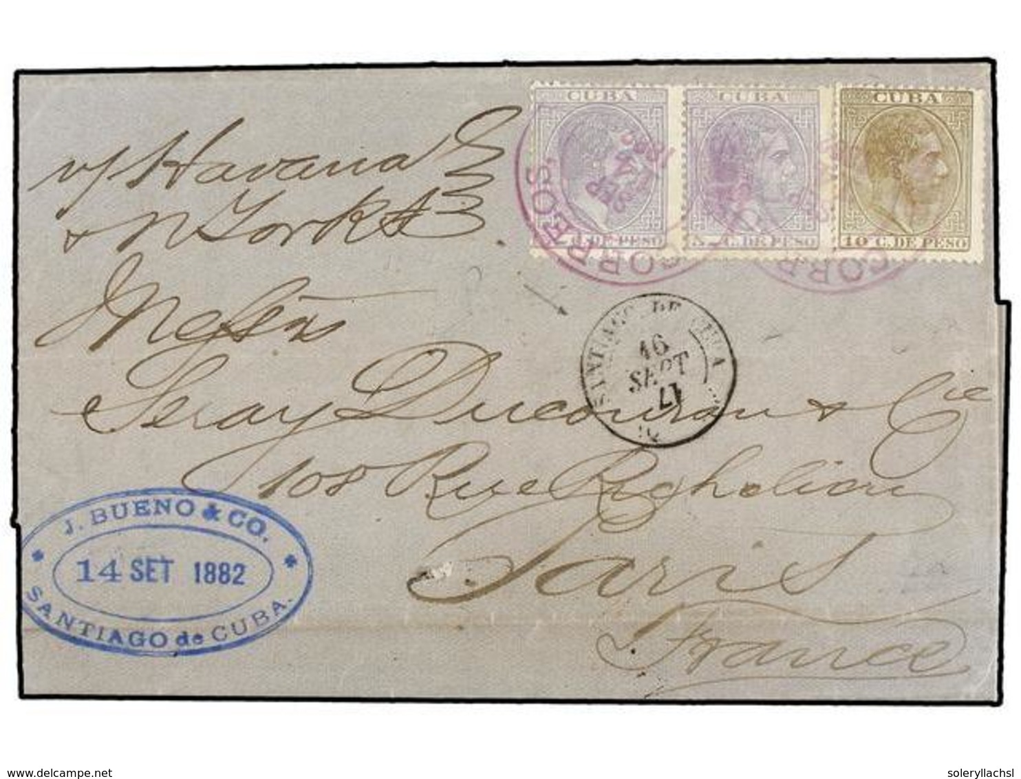 CUBA. Ed.71 (2), 72. 1882. SANTIAGO DE CUBA A PARÍS. 5 Cts. Gris (2)  Y 10 Cts. Castaño, Fechador Del Correo Marítimo Fr - Altri & Non Classificati