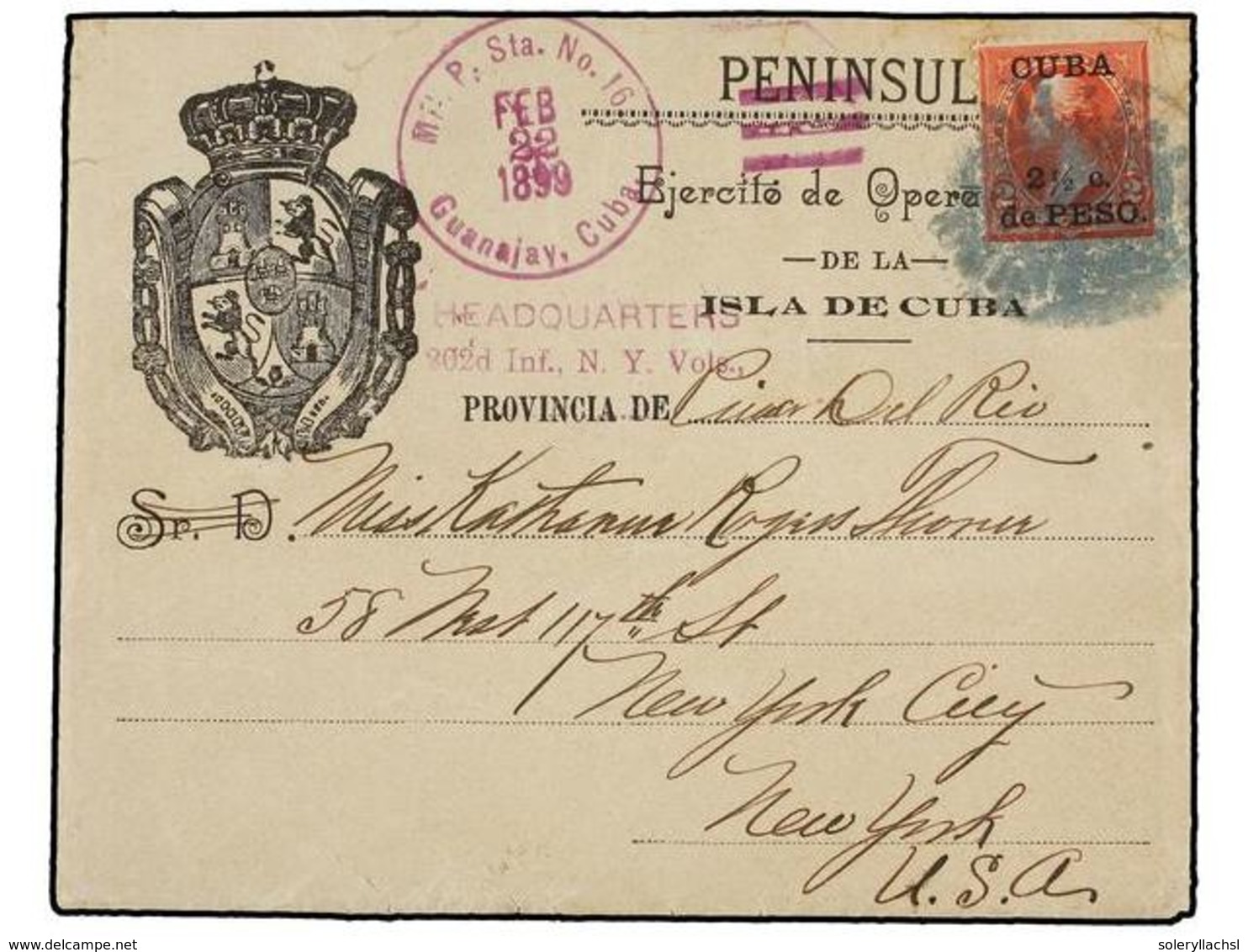 CUBA: OCUPACION ESTADOS UNIDOS. 1899 (22 Febrero). SOBRE ILUSTRADO ESPAÑOL Del Ejército De Operaciones En Cuba Circulado - Andere & Zonder Classificatie