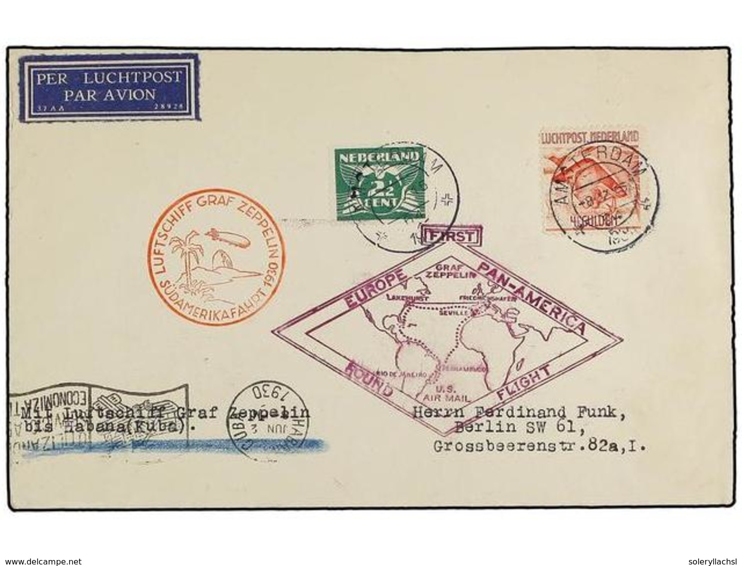 CUBA. 1930 (8-V). AMSTERDAM A ALEMANIA. Circulada Con Sellos Holandeses De 2 1/2 Cent. Y 4 Gl. Por GRAF ZEPPELIN Enviada - Other & Unclassified