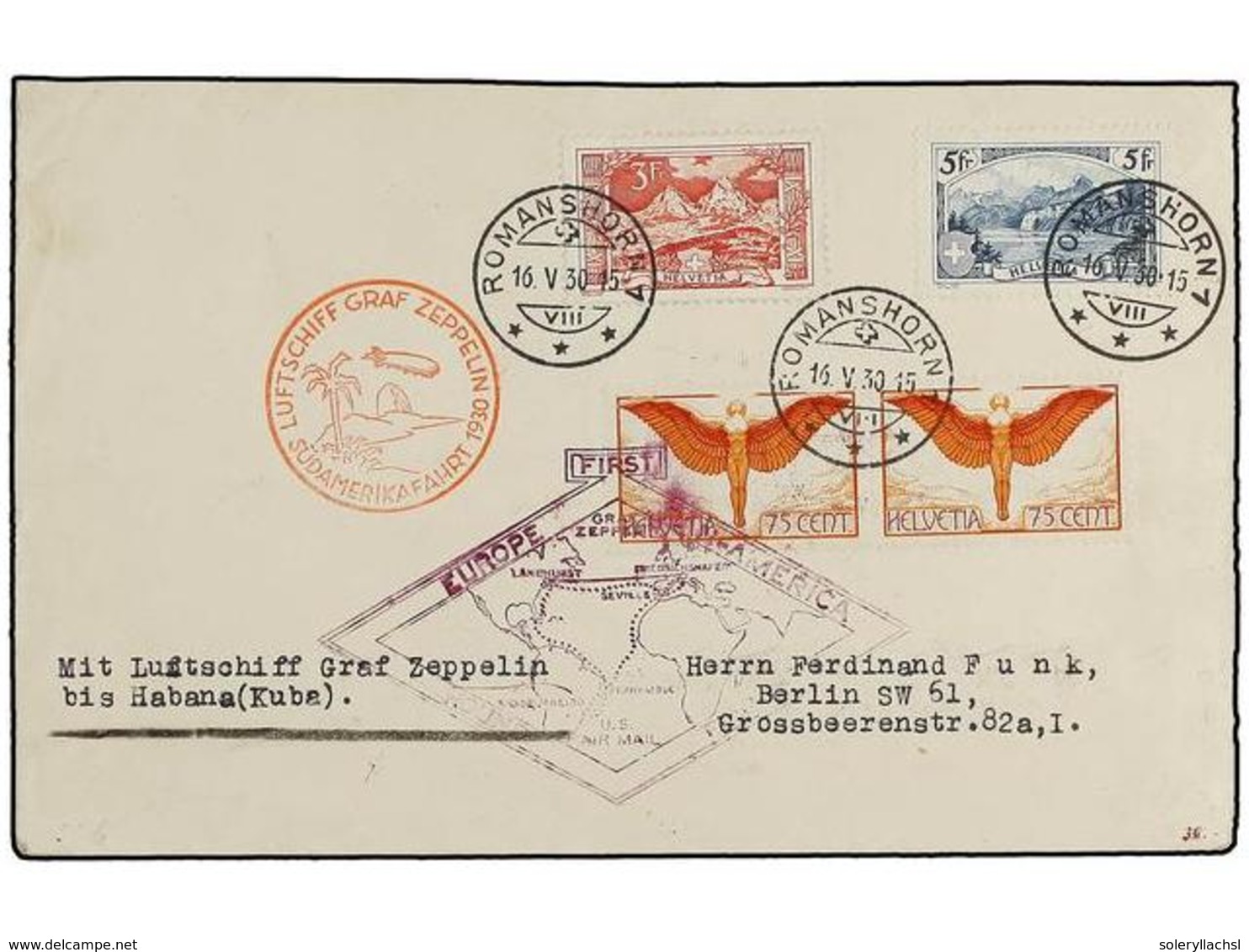 CUBA. 1930 (16-V). SUIZA A ALEMANIA Vía LA HABANA. Circulada Con Sellos De 75 Cts. Y 3 Fr. Y  5 Fr. Por GRAF ZEPPELIN En - Sonstige & Ohne Zuordnung