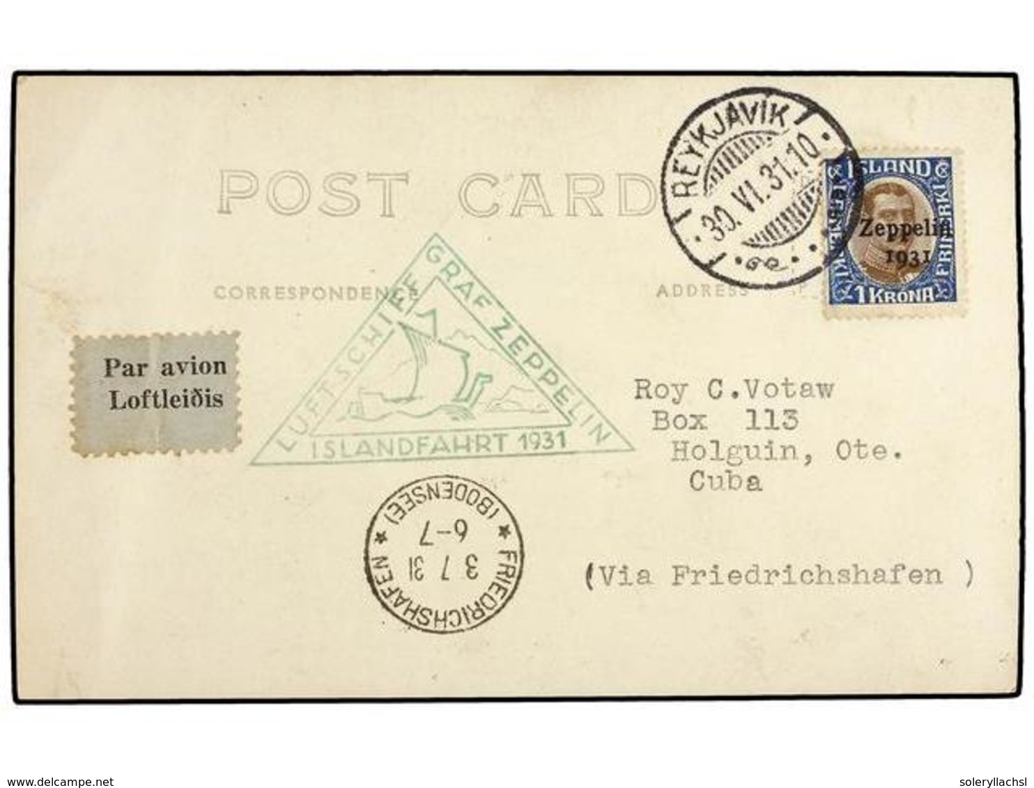 CUBA. 1931 (30-VI). REYKJAVIK A HOLGIN. Circulada Con Sello De Islandia De 1 Kr.  Castaño Y Azul Por El GRAF ZEPPELIN Ví - Other & Unclassified