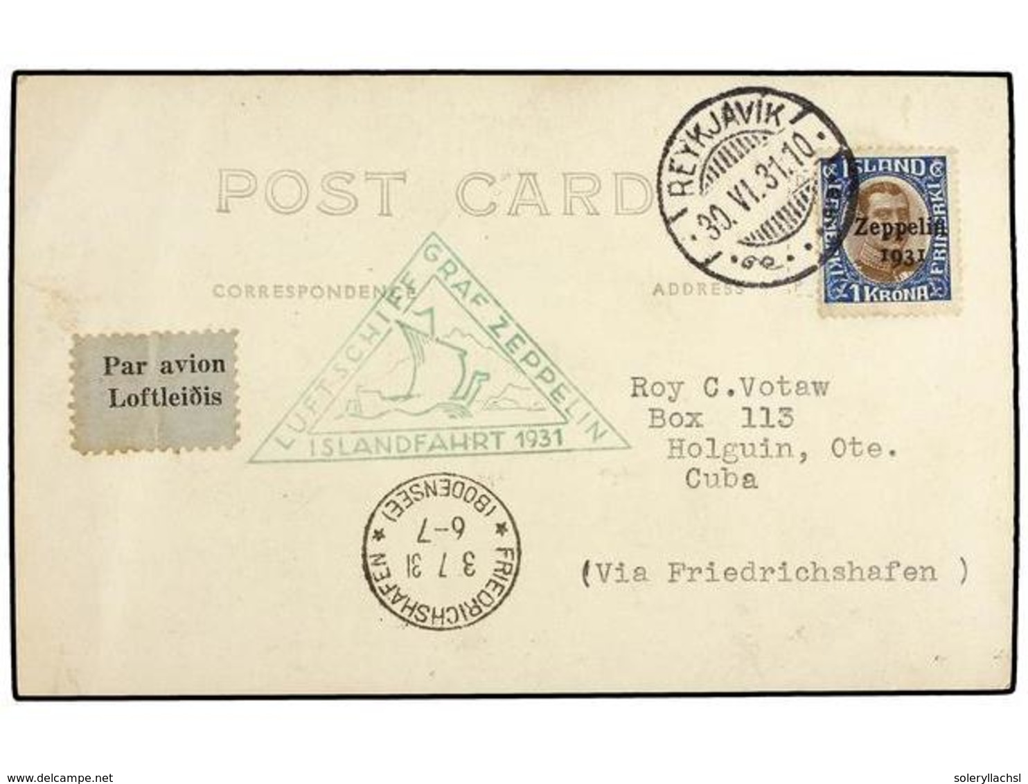 CUBA. 1931 (30-VI). REYKJAVIK A HOLGIN. Circulada Con Sello De Islandia De 1 Kr.  Castaño Y Azul Por El GRAF ZEPPELIN Ví - Andere & Zonder Classificatie