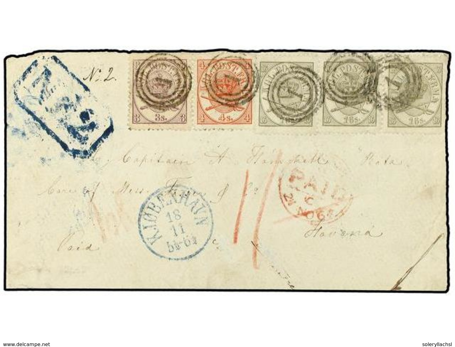 DINAMARCA. 1866 (Nov 18). Front Of Cover To Havana, Cuba With Superb And Rare Franking Of 1864-68 3sk. Lilac, 4sk. Red A - Sonstige & Ohne Zuordnung