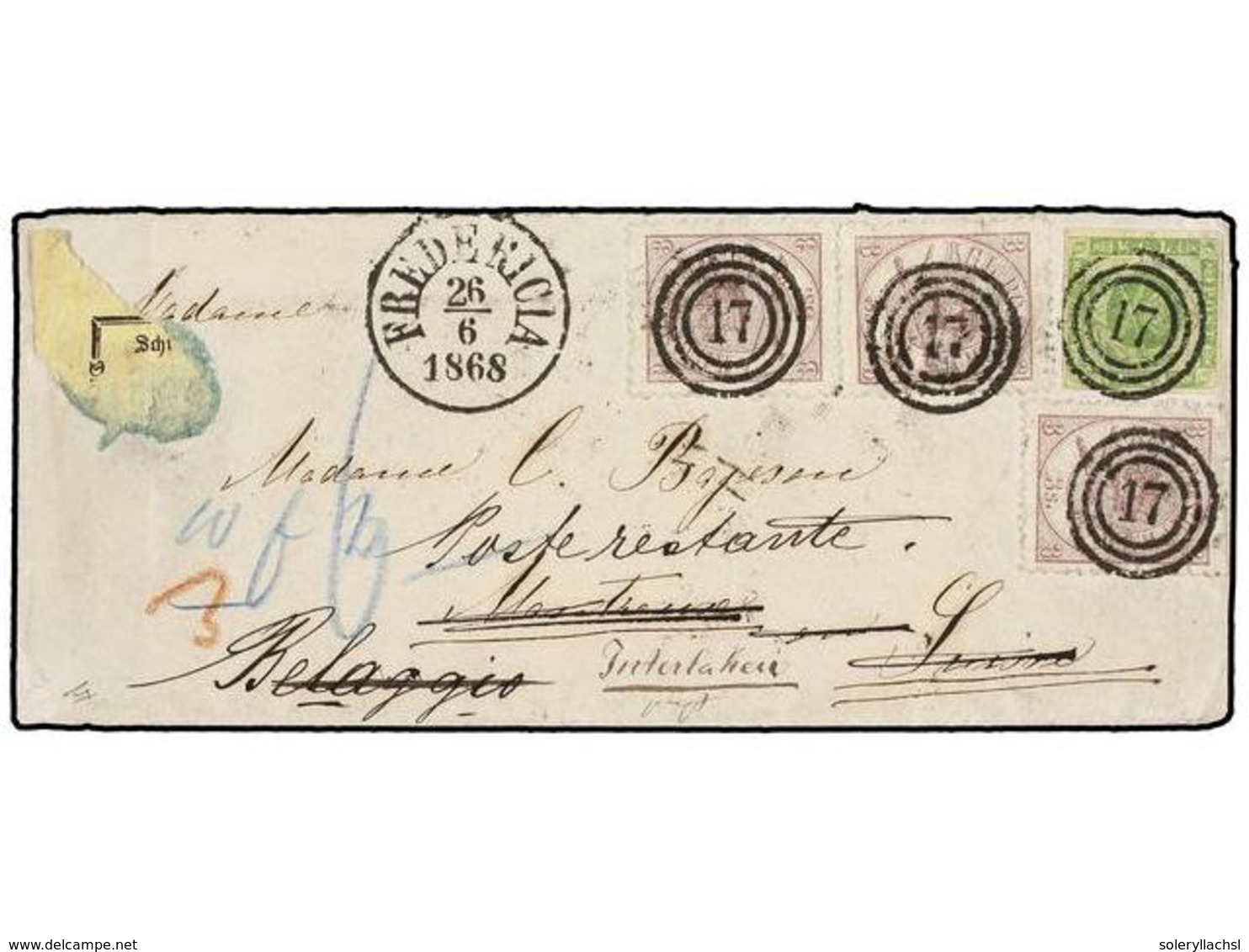 DINAMARCA. 1868. FREDERICIA To SWITZERLAND. Envelope Franked With 3 Sk. Purple (3) And 8 Sk. Green Tied With Triple Circ - Autres & Non Classés