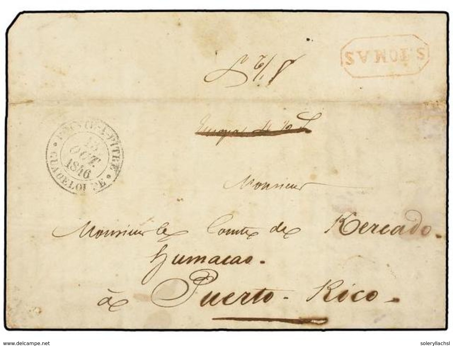 ANTILLAS DANESAS. 1846. PARÍS To HUMACAO (Puerto Rico) Via French GUADALUPE With Cds In Black Of Transit, Via ST. THOMAS - Sonstige & Ohne Zuordnung