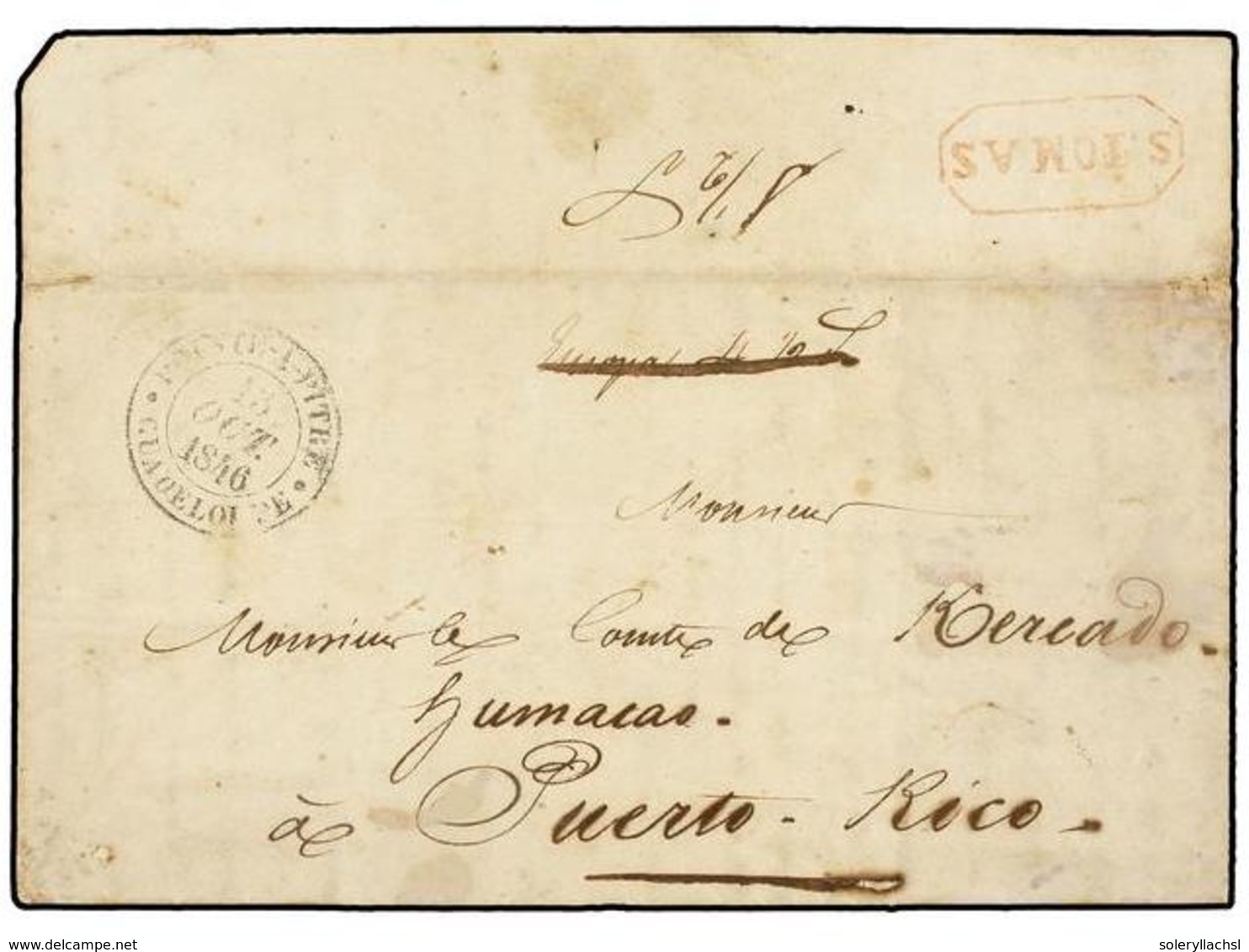 ANTILLAS DANESAS. 1846. PARÍS To HUMACAO (Puerto Rico) Via French GUADALUPE With Cds In Black Of Transit, Via ST. THOMAS - Altri & Non Classificati