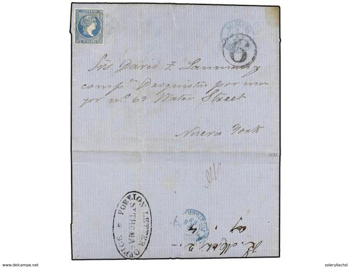 ANTILLAS DANESAS. 1859. ST. THOMAS. GUAYAMA (Puerto Rico) A NEW YORK. Circulada Con Sello De Antillas De 1/2 Real Azul,  - Sonstige & Ohne Zuordnung