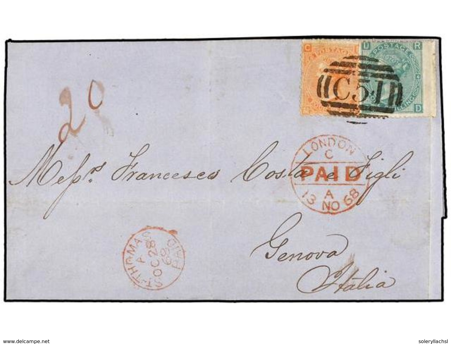 ANTILLAS DANESAS. 1868. ST. THOMAS A GÉNOVA (Italia). Circulada Con Sellos Británicos De 4 D. Naranja Y 1 Sh. Verde Mat. - Altri & Non Classificati