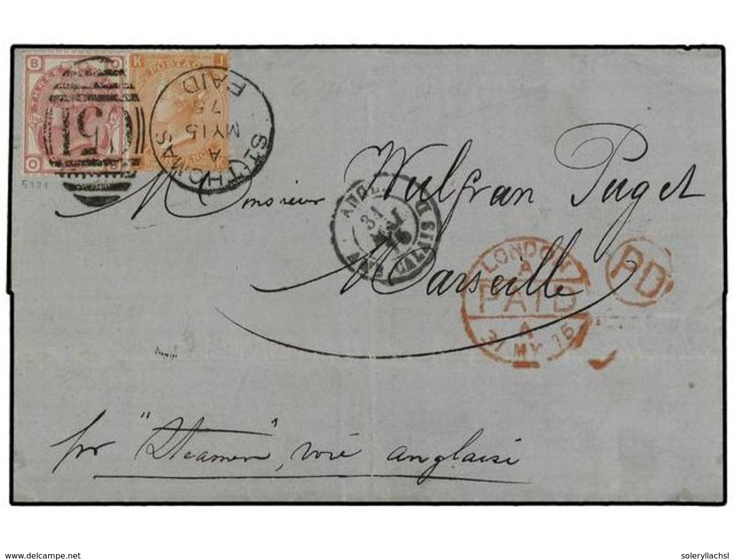 ANTILLAS DANESAS. 1875 (May 15). Cover From St. Thomas To Marseille Franked By Great Britain 3d. Rose Pl. 16 And 4d. Ver - Autres & Non Classés