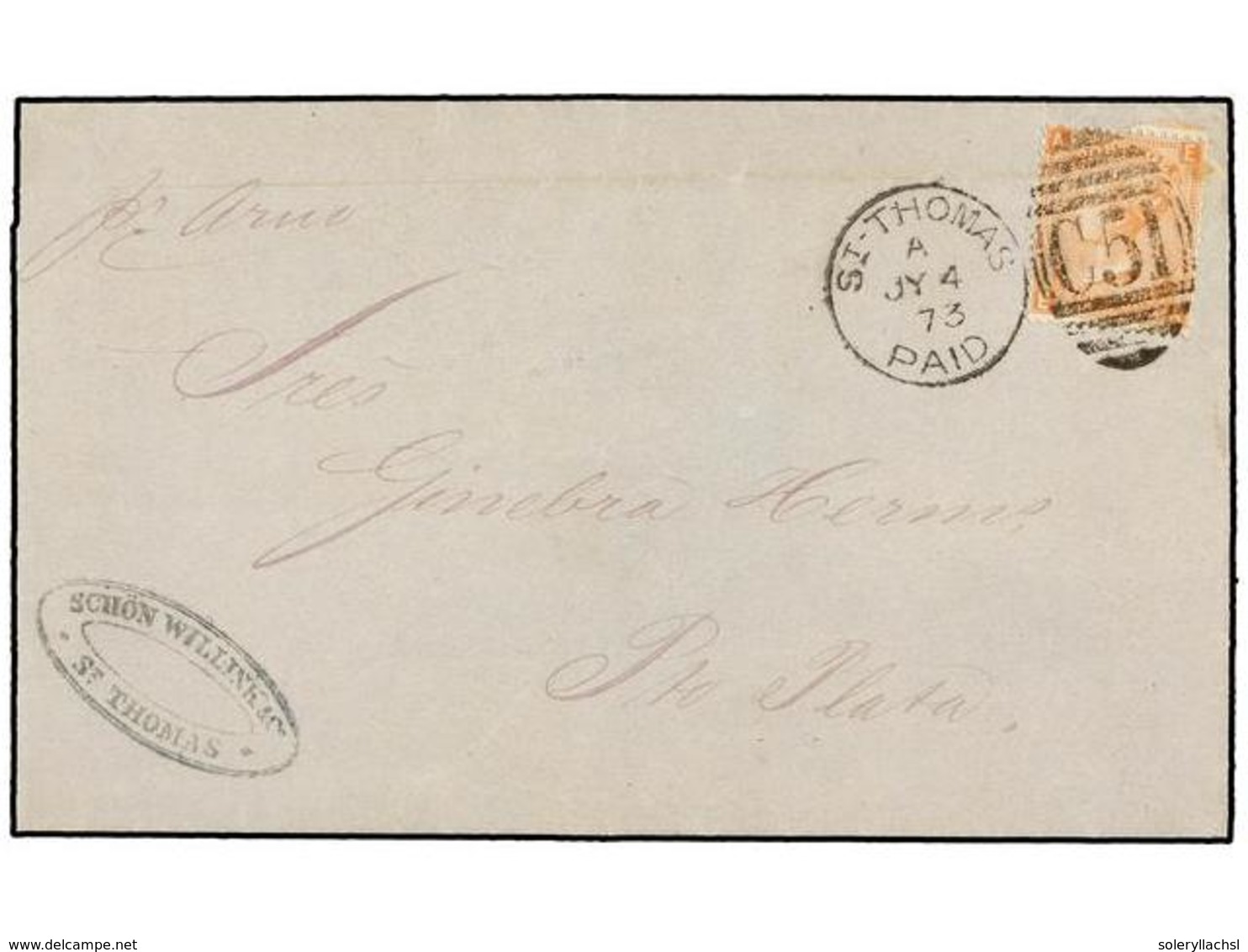 REPUBLICA DOMINICANA. 1873. ST. THOMAS A PUERTO PLATA. Circulada Con Sello Británico De 4 D. Naranja (leve Pliegue De Ar - Altri & Non Classificati