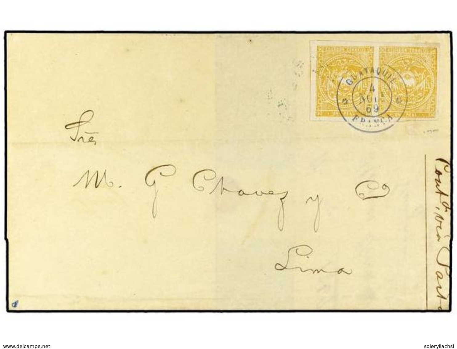 ECUADOR. Yv.3(2). 1869. GUAYAQUIL A LIMA. 1 Real Amarillo, Pareja. Excepcional Calidad. - Autres & Non Classés