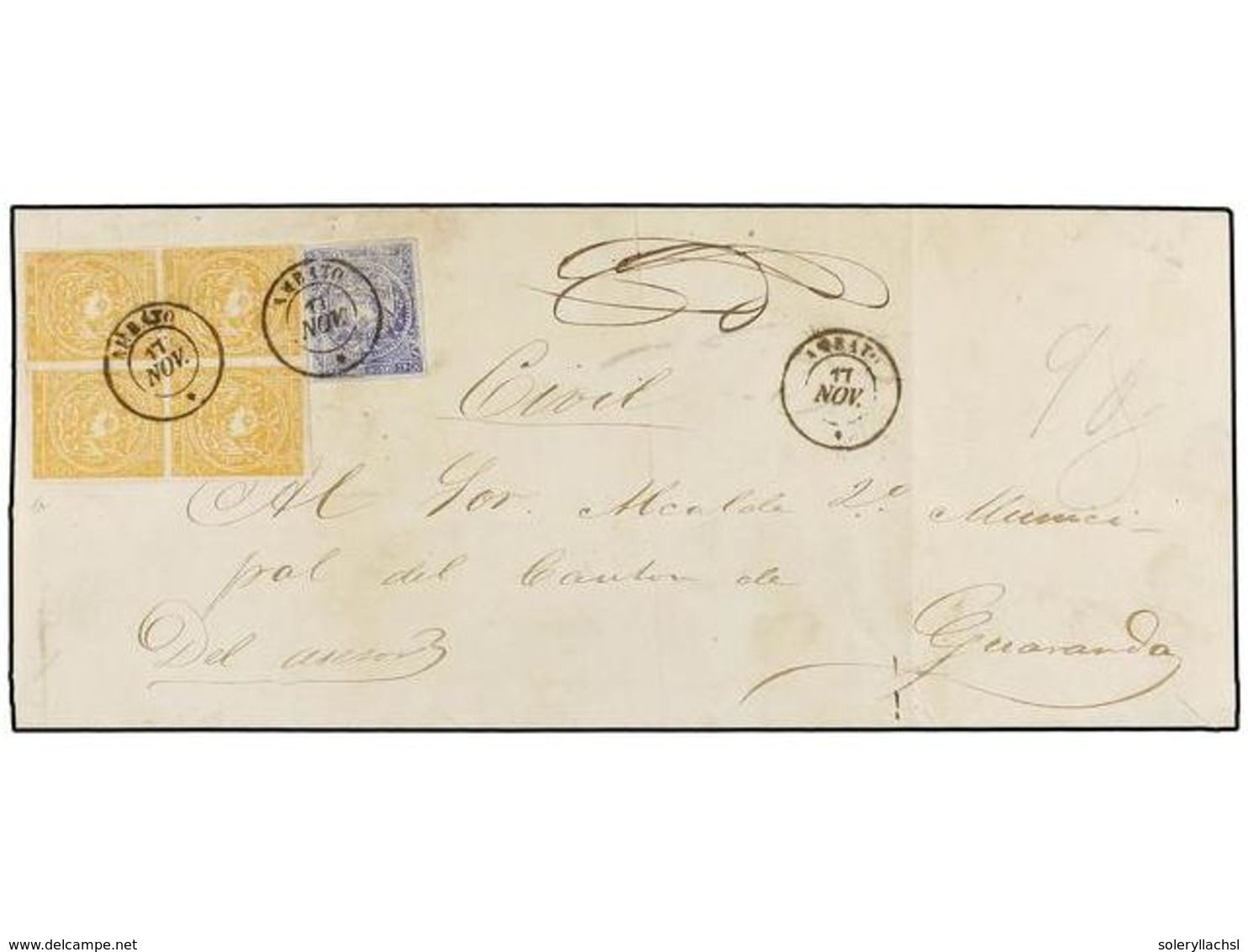 ECUADOR. Sc.1 (4), 2. (1872 CA.). AMBATO A GUARANDA. Plica Judicial Franqueada Con Sello De 1/2 Real Y Bloque De Cuatro  - Autres & Non Classés