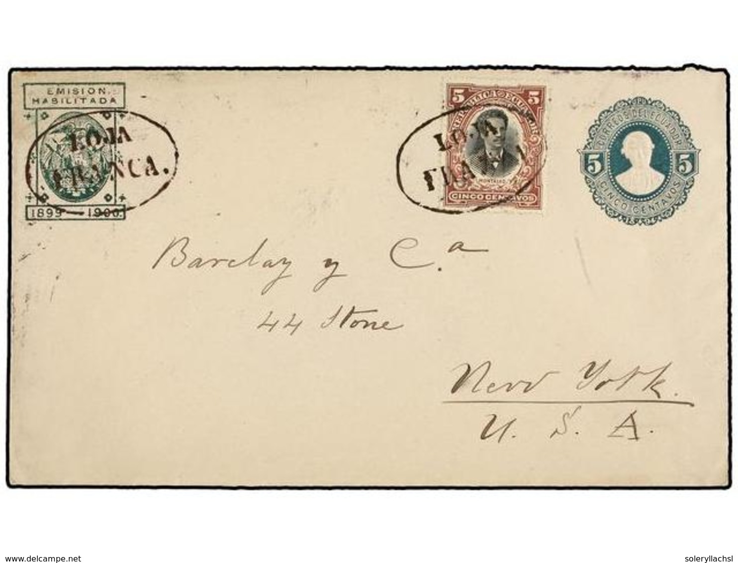 ECUADOR. Sc.139. 1899. LOJA A NEW YORK. Sobre Entero Postal De 5 Ctvos. Verde Habilitado Para 1899 Con Franqueo Adiciona - Autres & Non Classés