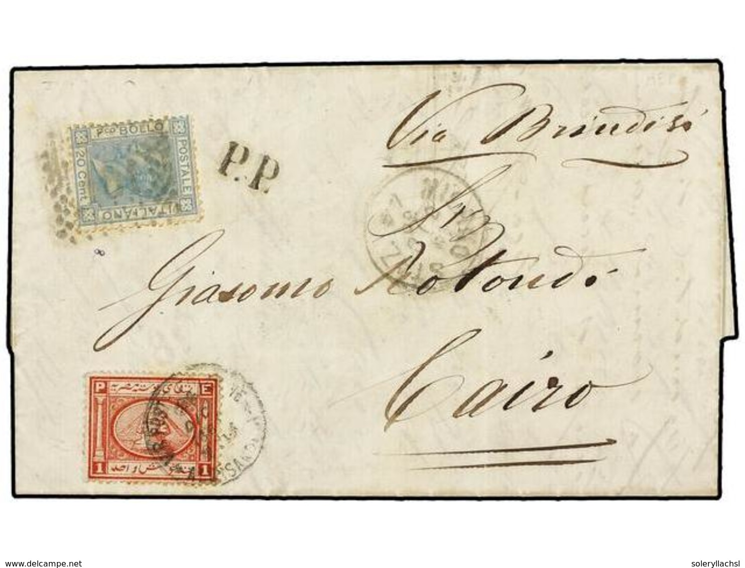 EGIPTO. 1869 (19 Dec.). Entire Letter From MILAN To CAIRO Bearing Italy 1867 20 C. Blue Tied By Numeral In Dots, Black P - Autres & Non Classés