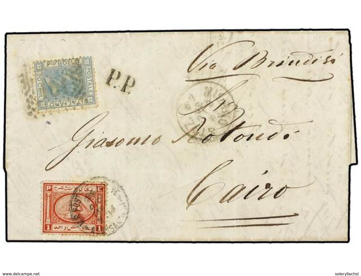 EGIPTO. 1869 (19 Dec.). Entire Letter From MILAN To CAIRO Bearing Italy 1867 20 C. Blue Tied By Numeral In Dots, Black P - Altri & Non Classificati