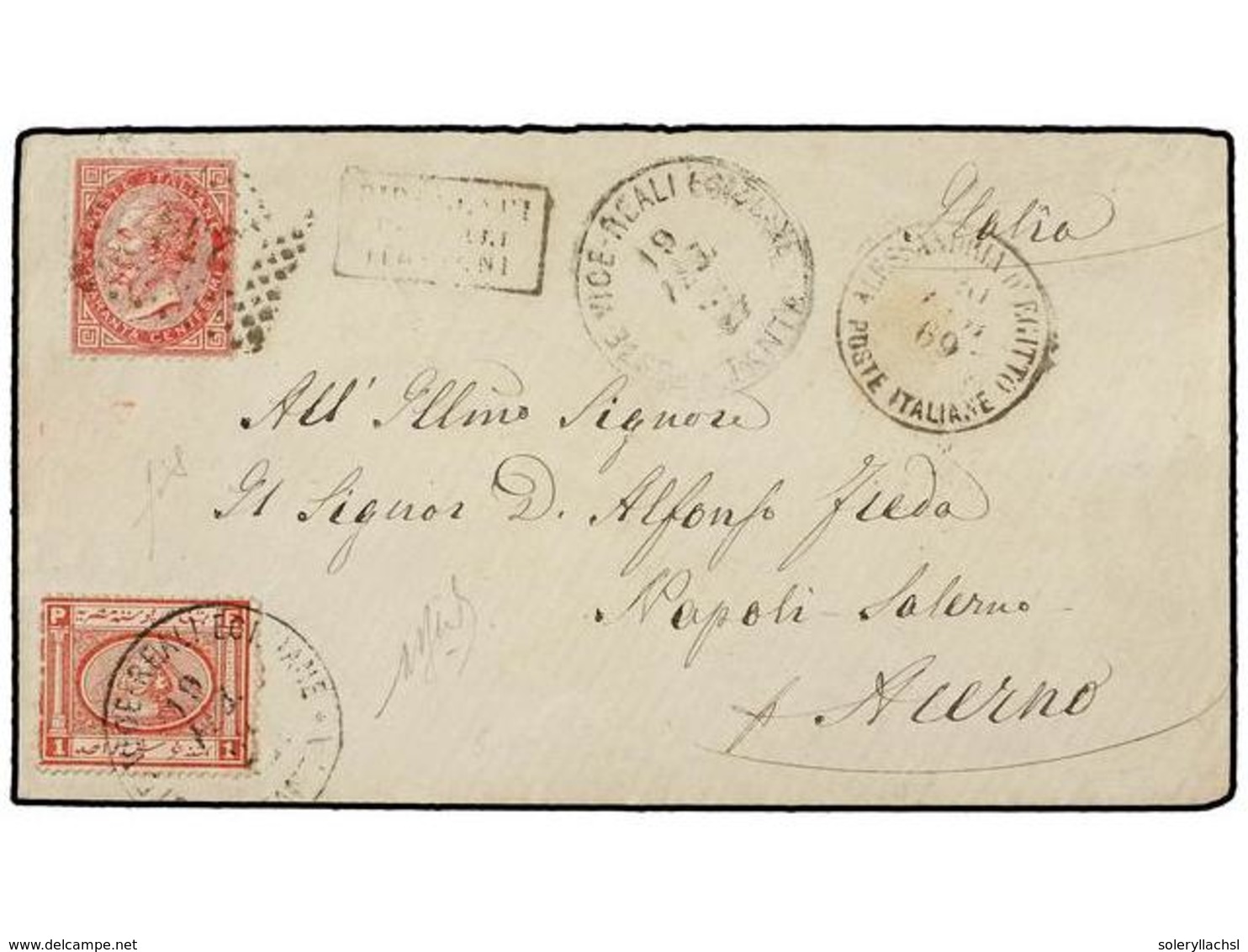 EGIPTO. Sg.14. 1869 (Feb. 19). Cover From TANTA To NAPOLI SALERNO (Italy) Franked By 1867 1pi. Red Tied By Bold POSTE VI - Autres & Non Classés