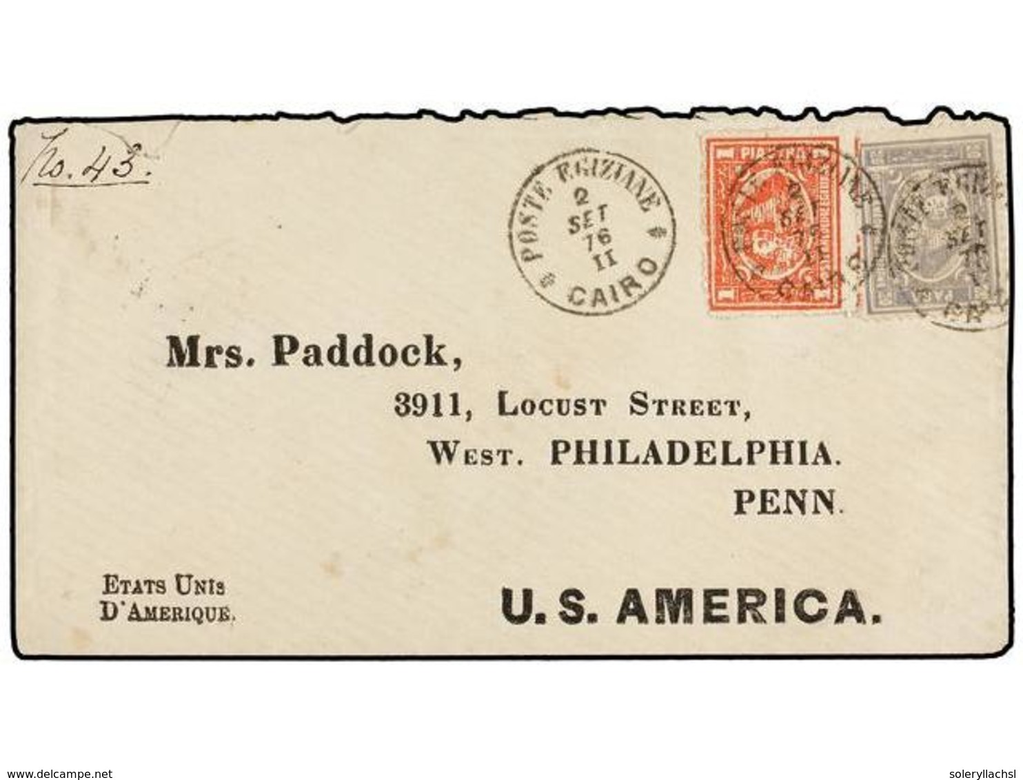 EGIPTO. 1876. CAIRO To U.S.A. Envelope Franked With 20 Pa. Grey And 1 Pi. Red Stamps. Arrival On Reverse. - Andere & Zonder Classificatie